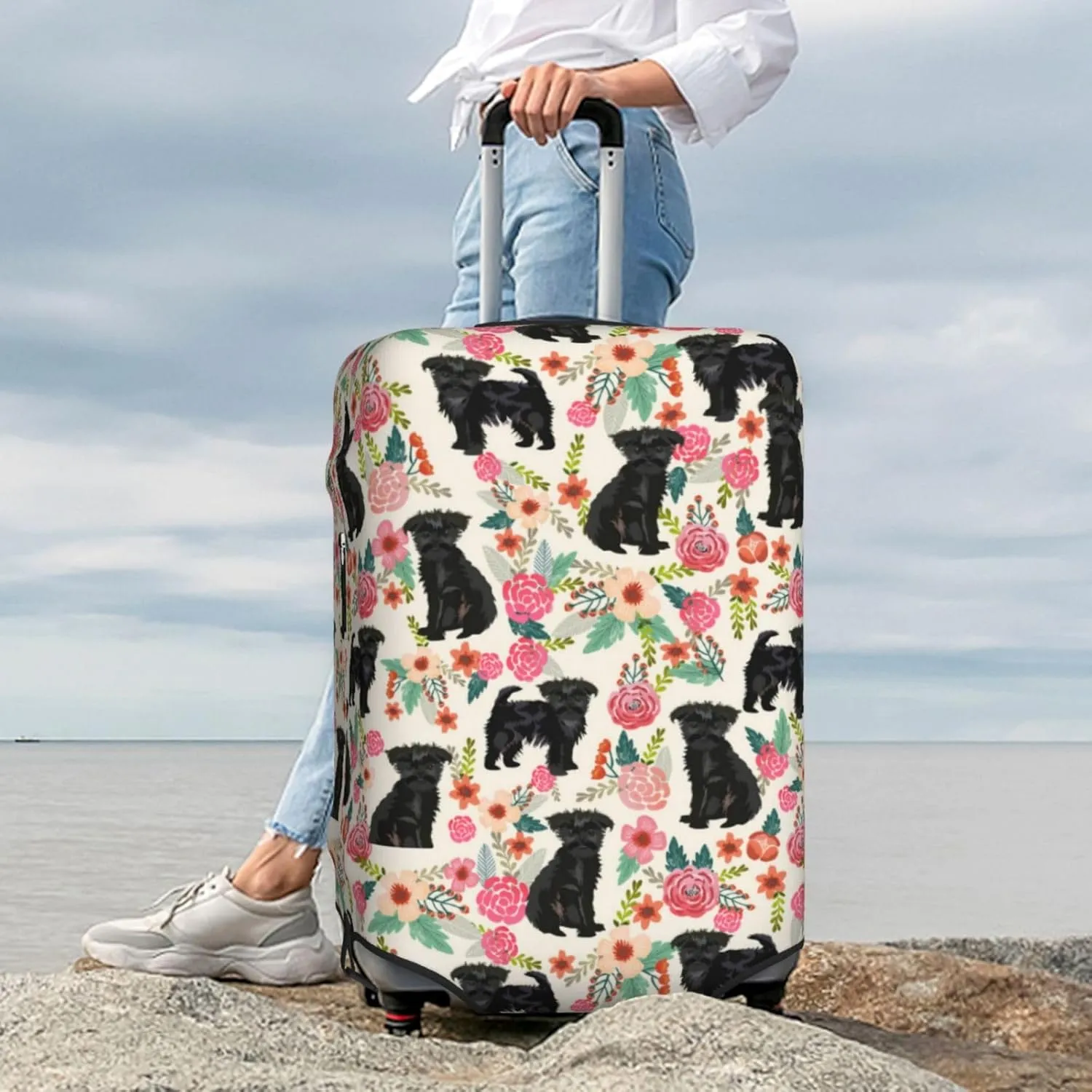 Cute Affenpinscher Dog Puppy Flowers Florals Print Travel Suitcase Protector Cover Elastic Washable Stretch Suitcase Protective Anti-Scratch Luggage Covers For Men Women Outdoor Travel Accessories