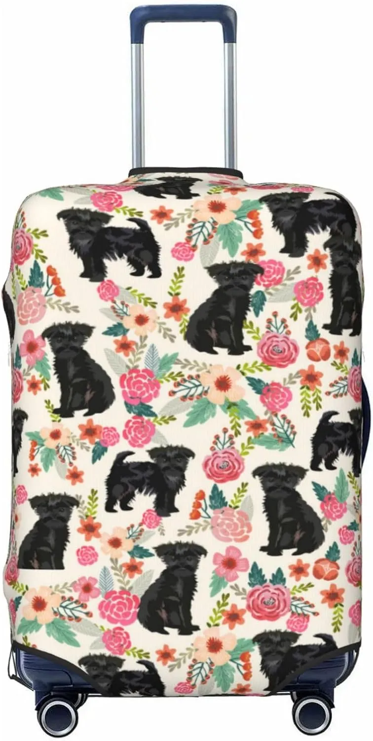 Cute Affenpinscher Dog Puppy Flowers Florals Print Travel Suitcase Protector Cover Elastic Washable Stretch Suitcase Protective Anti-Scratch Luggage Covers For Men Women Outdoor Travel Accessories