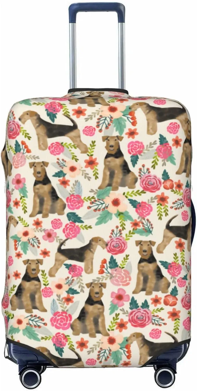 Cute Airedale Terrier Dog Puppy Flowers Florals Print Travel Suitcase Protector Cover Elastic Washable Stretch Suitcase Protective Anti-Scratch Luggage Covers For Men Women Outdoor Travel Accessories