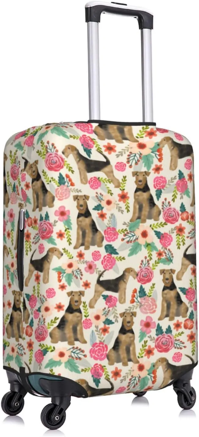 Cute Airedale Terrier Dog Puppy Flowers Florals Print Travel Suitcase Protector Cover Elastic Washable Stretch Suitcase Protective Anti-Scratch Luggage Covers For Men Women Outdoor Travel Accessories