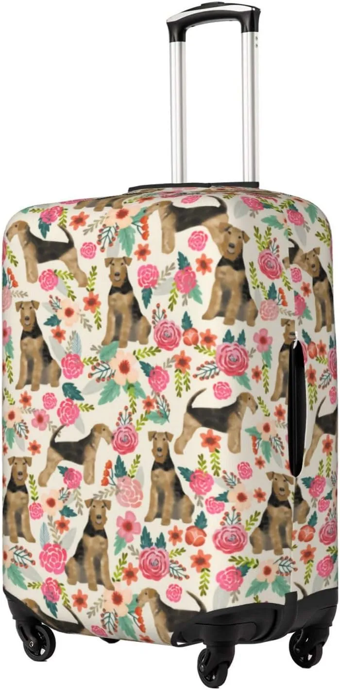 Cute Airedale Terrier Dog Puppy Flowers Florals Print Travel Suitcase Protector Cover Elastic Washable Stretch Suitcase Protective Anti-Scratch Luggage Covers For Men Women Outdoor Travel Accessories