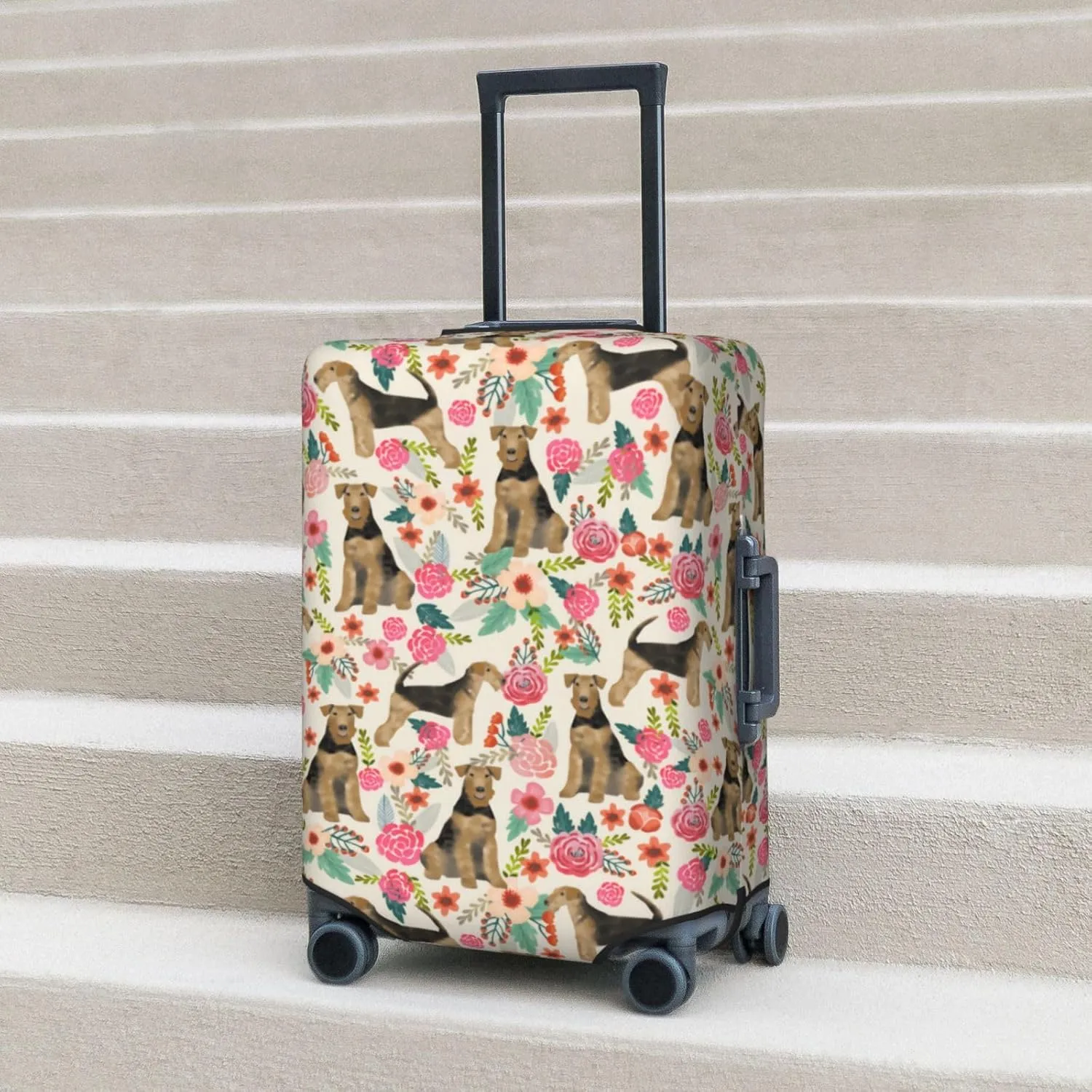 Cute Airedale Terrier Dog Puppy Flowers Florals Print Travel Suitcase Protector Cover Elastic Washable Stretch Suitcase Protective Anti-Scratch Luggage Covers For Men Women Outdoor Travel Accessories
