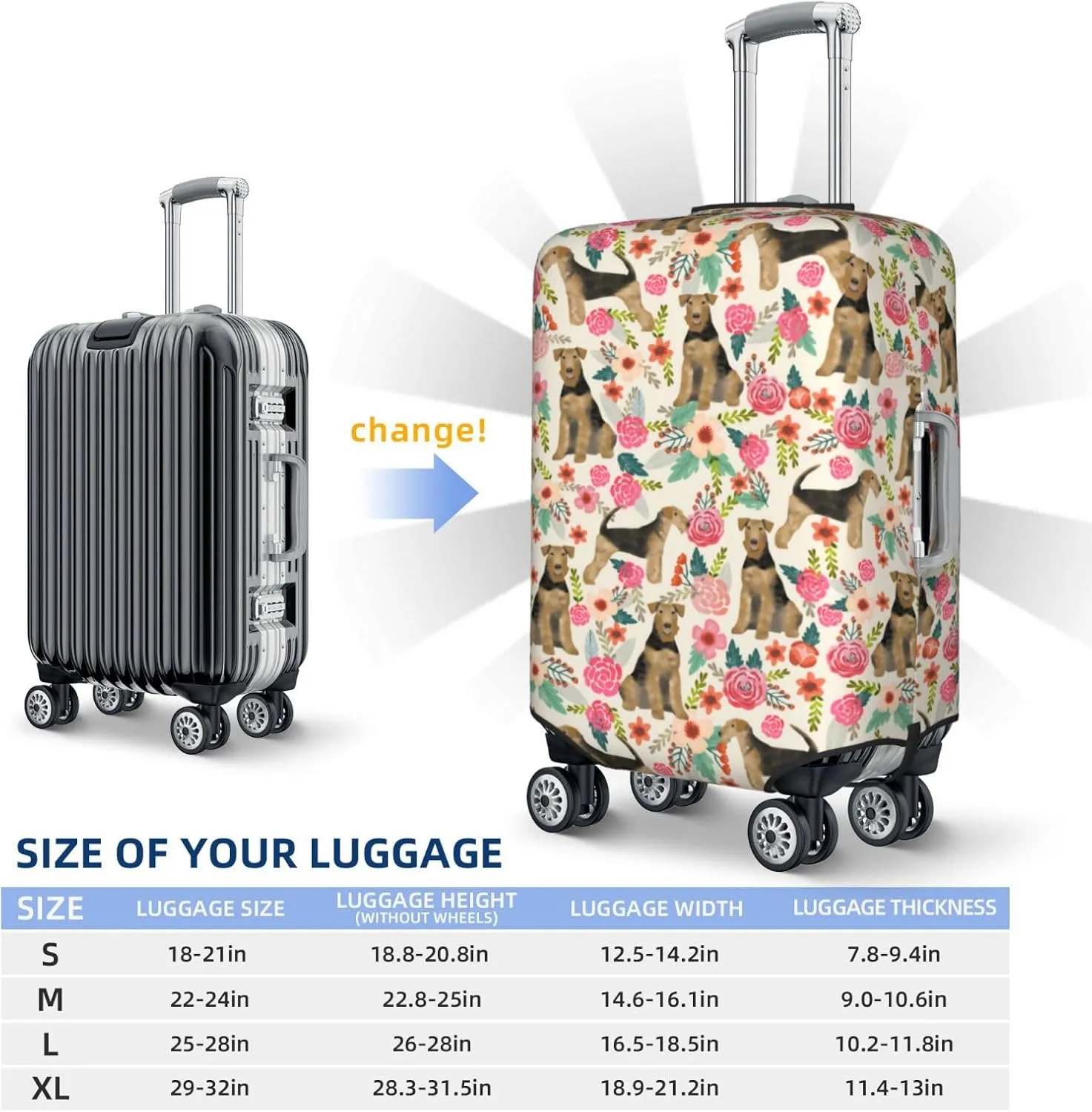 Cute Airedale Terrier Dog Puppy Flowers Florals Print Travel Suitcase Protector Cover Elastic Washable Stretch Suitcase Protective Anti-Scratch Luggage Covers For Men Women Outdoor Travel Accessories