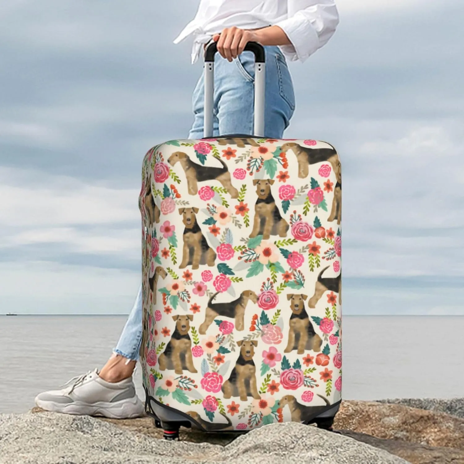 Cute Airedale Terrier Dog Puppy Flowers Florals Print Travel Suitcase Protector Cover Elastic Washable Stretch Suitcase Protective Anti-Scratch Luggage Covers For Men Women Outdoor Travel Accessories