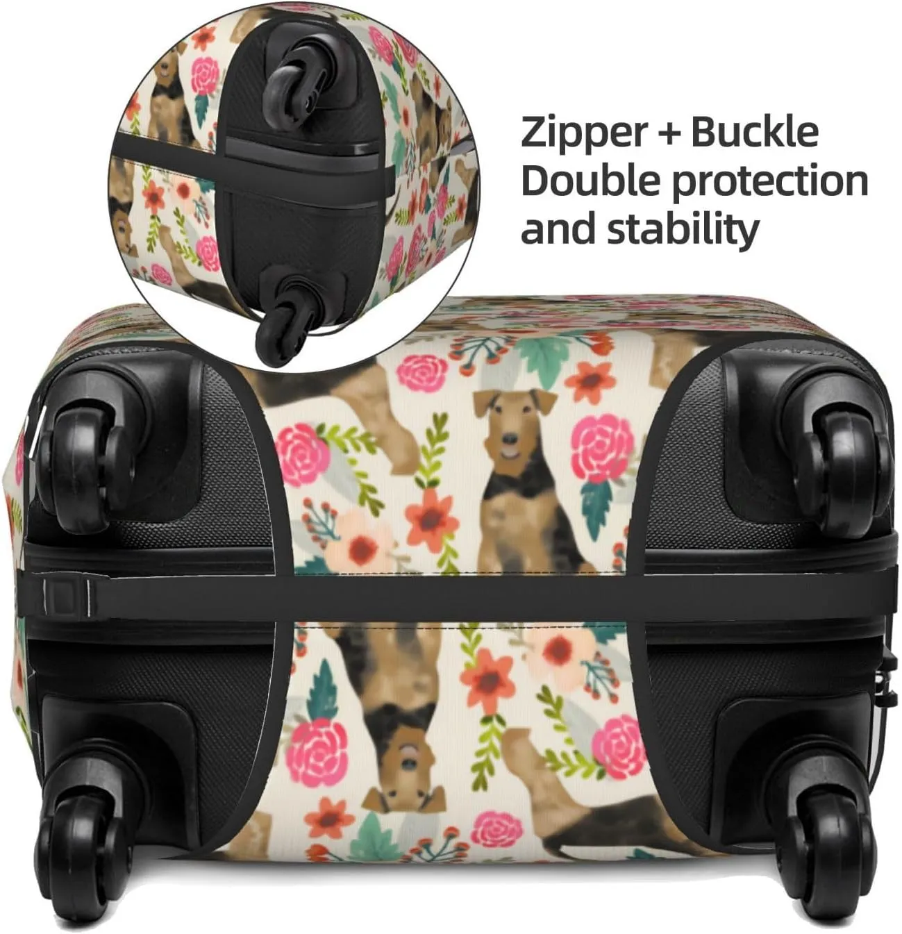 Cute Airedale Terrier Dog Puppy Flowers Florals Print Travel Suitcase Protector Cover Elastic Washable Stretch Suitcase Protective Anti-Scratch Luggage Covers For Men Women Outdoor Travel Accessories