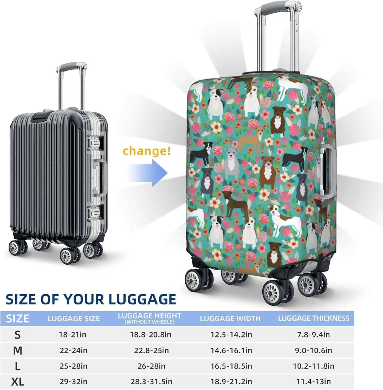 Cute American Pit Bull Terrier Dog Flower Floral Print Travel Suitcase Protector Cover Elastic Washable Stretch Suitcase Protective Anti-Scratch Luggage Covers For Men Women Outdoor Travel Accessories