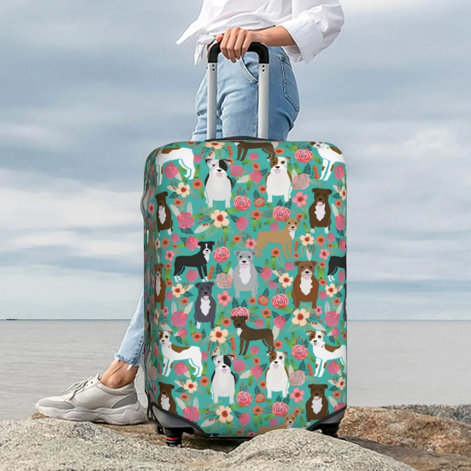 Cute American Pit Bull Terrier Dog Flower Floral Print Travel Suitcase Protector Cover Elastic Washable Stretch Suitcase Protective Anti-Scratch Luggage Covers For Men Women Outdoor Travel Accessories