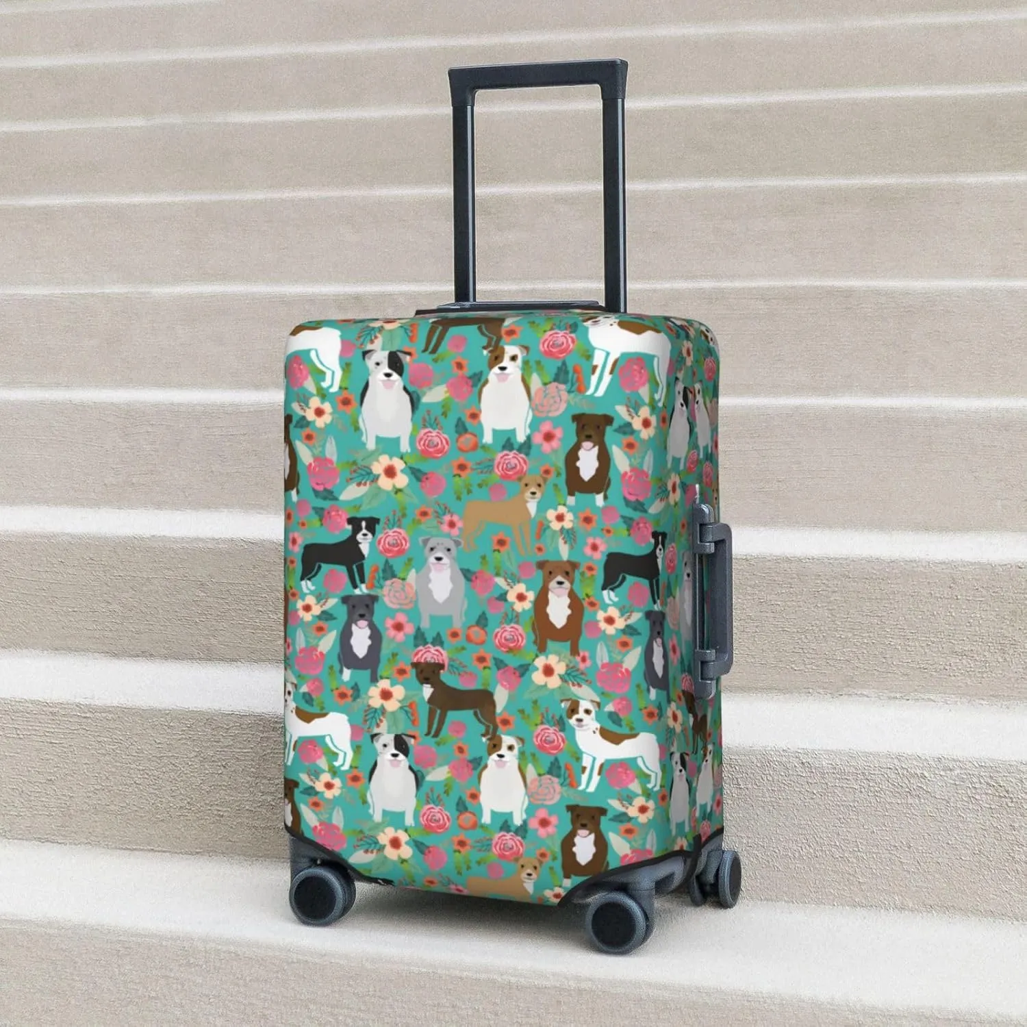 Cute American Pit Bull Terrier Dog Flower Floral Print Travel Suitcase Protector Cover Elastic Washable Stretch Suitcase Protective Anti-Scratch Luggage Covers For Men Women Outdoor Travel Accessories