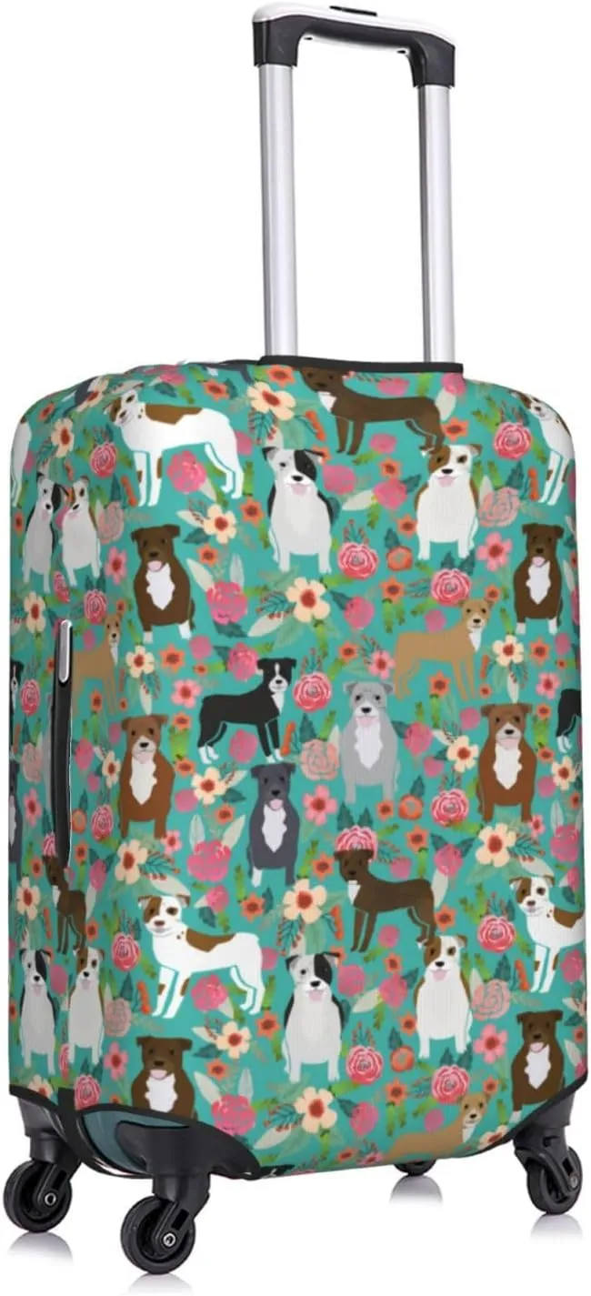 Cute American Pit Bull Terrier Dog Flower Floral Print Travel Suitcase Protector Cover Elastic Washable Stretch Suitcase Protective Anti-Scratch Luggage Covers For Men Women Outdoor Travel Accessories