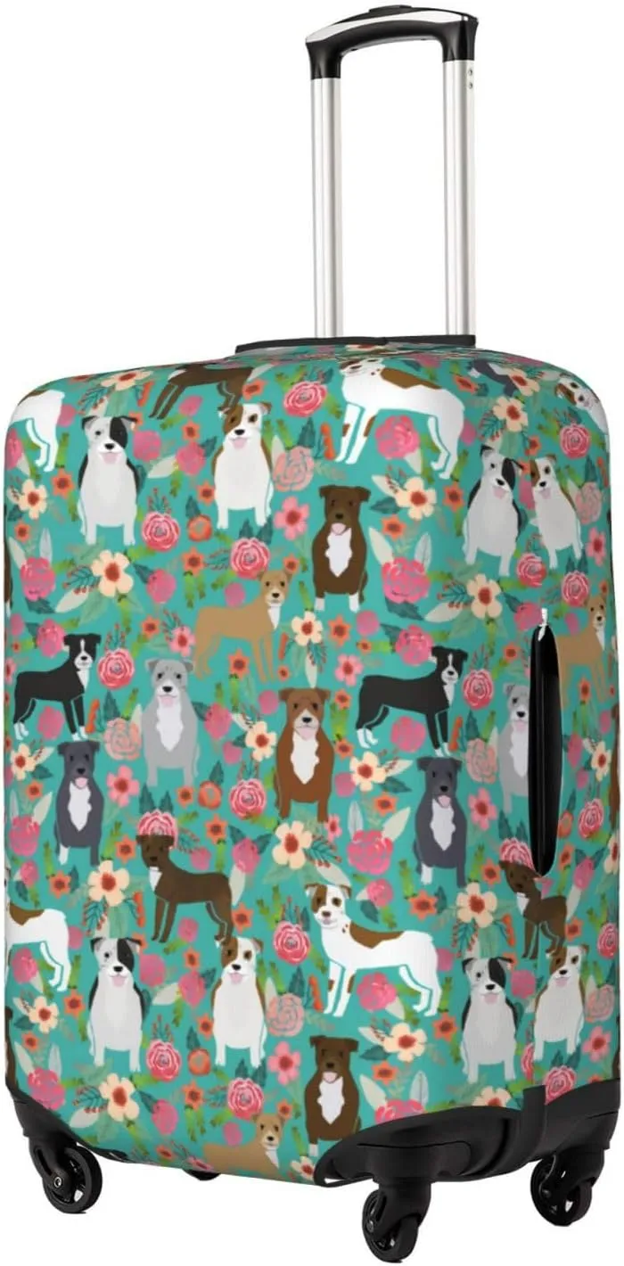Cute American Pit Bull Terrier Dog Flower Floral Print Travel Suitcase Protector Cover Elastic Washable Stretch Suitcase Protective Anti-Scratch Luggage Covers For Men Women Outdoor Travel Accessories