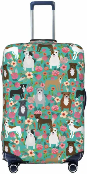 Cute American Pit Bull Terrier Dog Flower Floral Print Travel Suitcase Protector Cover Elastic Washable Stretch Suitcase Protective Anti-Scratch Luggage Covers For Men Women Outdoor Travel Accessories