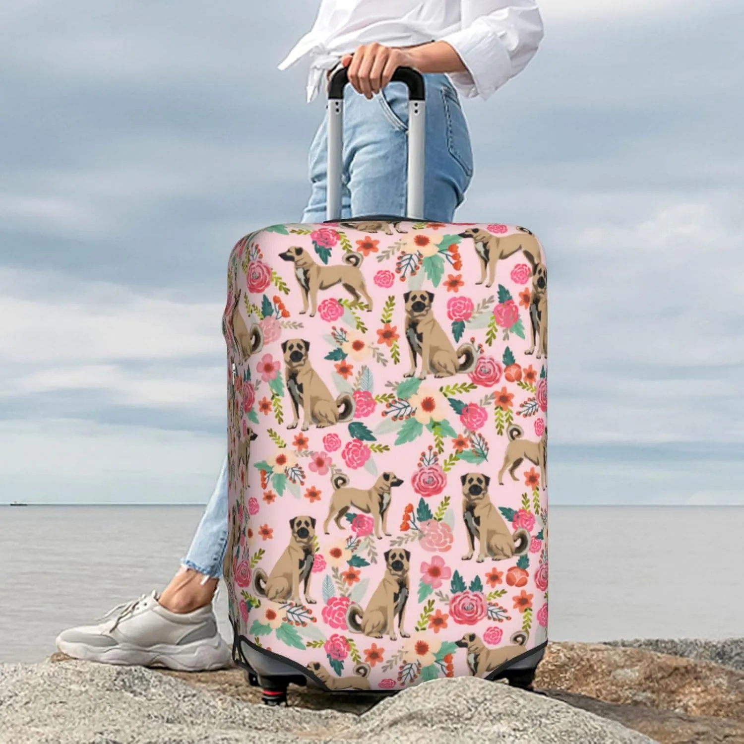 Cute Anatolian Shepherd Dog Puppy Flower Florals Print Travel Suitcase Protector Cover Elastic Washable Stretch Suitcase Protective Anti-Scratch Luggage Covers For Men Women Outdoor Travel Accessories