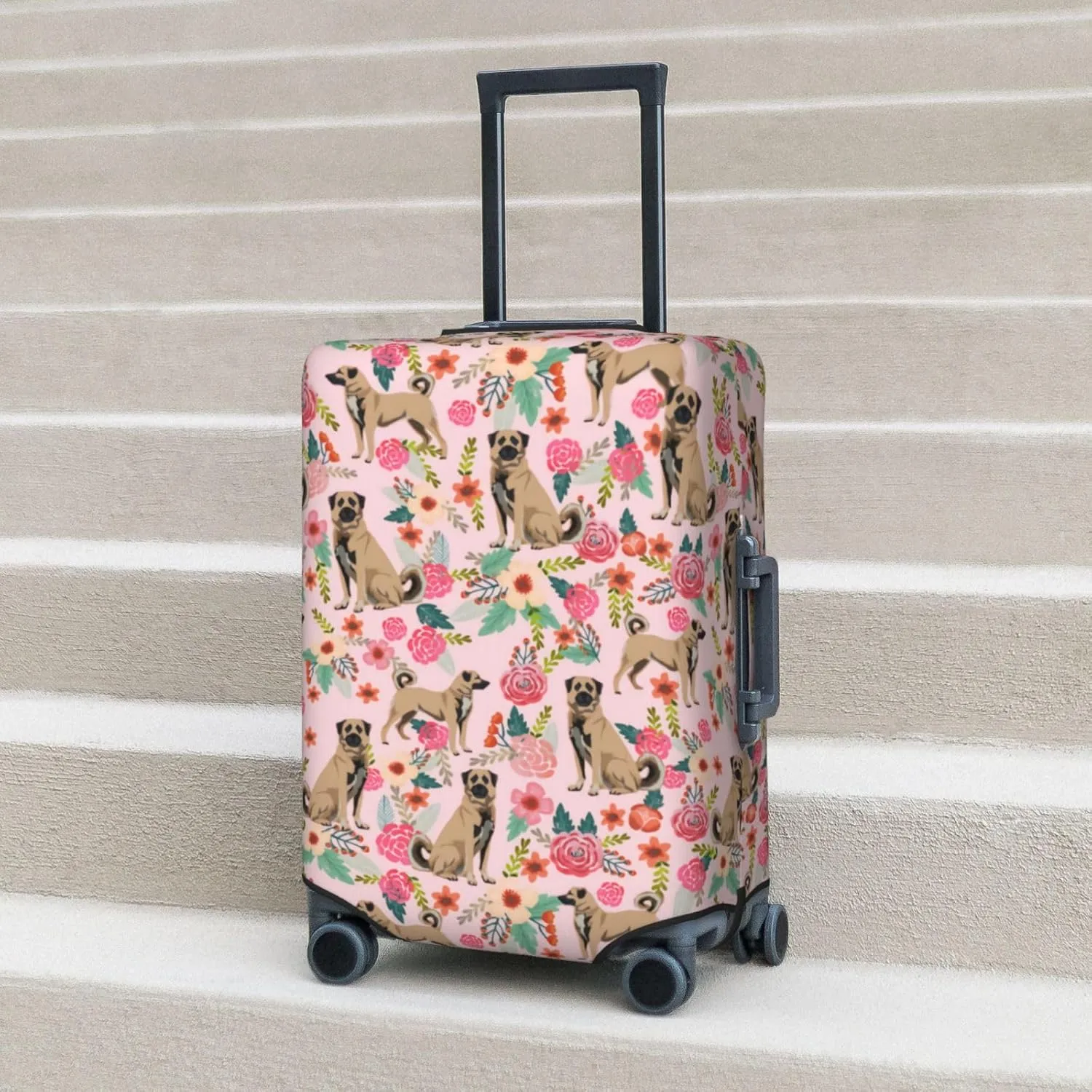 Cute Anatolian Shepherd Dog Puppy Flower Florals Print Travel Suitcase Protector Cover Elastic Washable Stretch Suitcase Protective Anti-Scratch Luggage Covers For Men Women Outdoor Travel Accessories