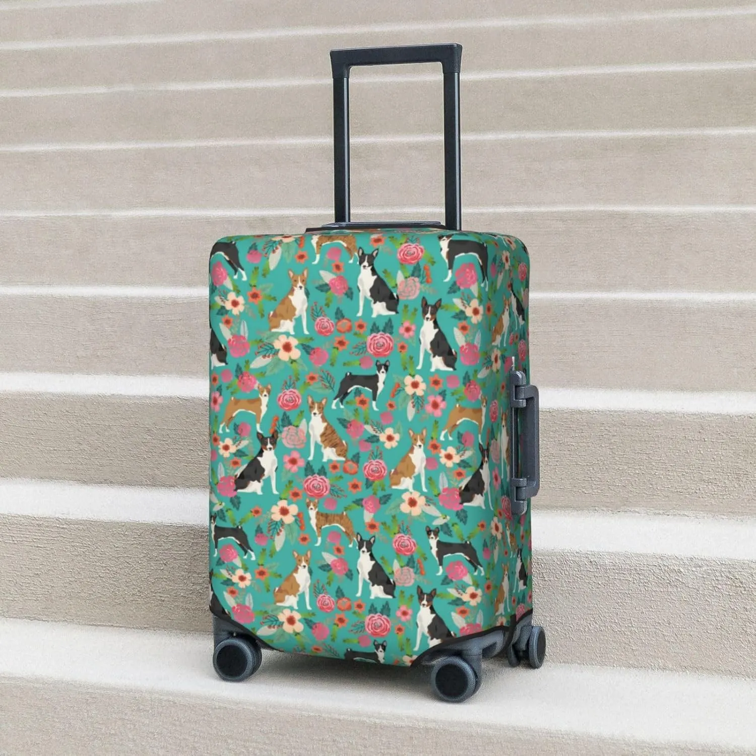 Cute Basenji Dog Lovers Flowers Florals Print Travel Suitcase Protector Cover Elastic Washable Stretch Suitcase Protective Anti-Scratch Funny Luggage Covers For Men Women Outdoor Travel Accessories