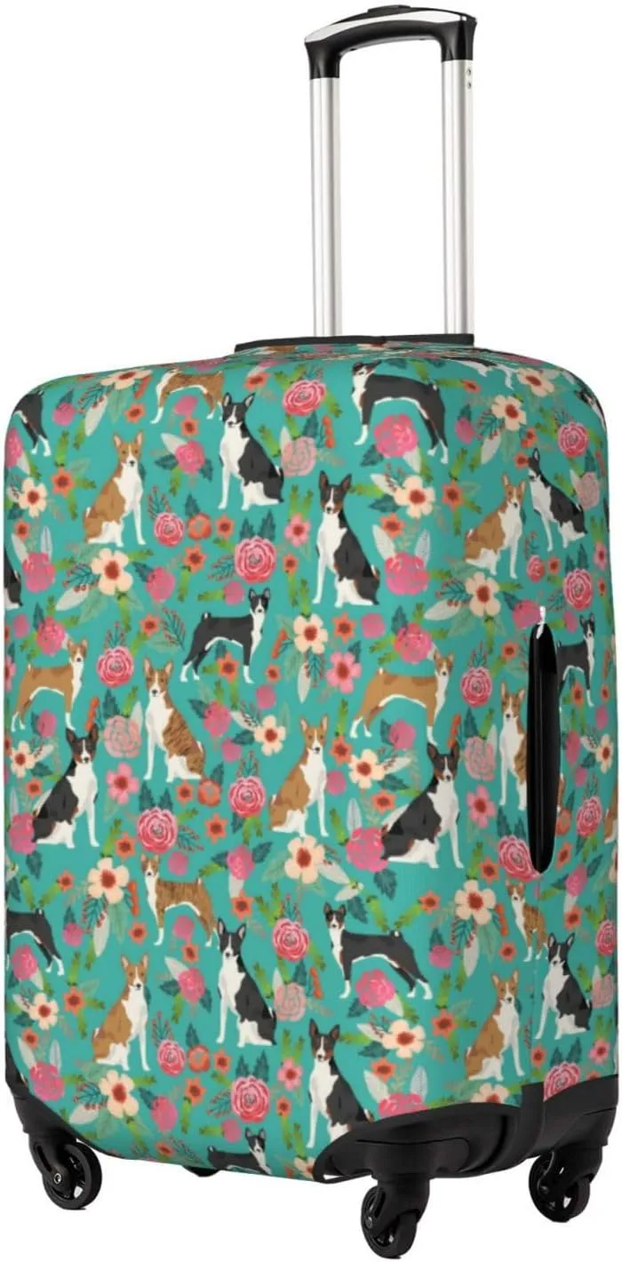 Cute Basenji Dog Lovers Flowers Florals Print Travel Suitcase Protector Cover Elastic Washable Stretch Suitcase Protective Anti-Scratch Funny Luggage Covers For Men Women Outdoor Travel Accessories