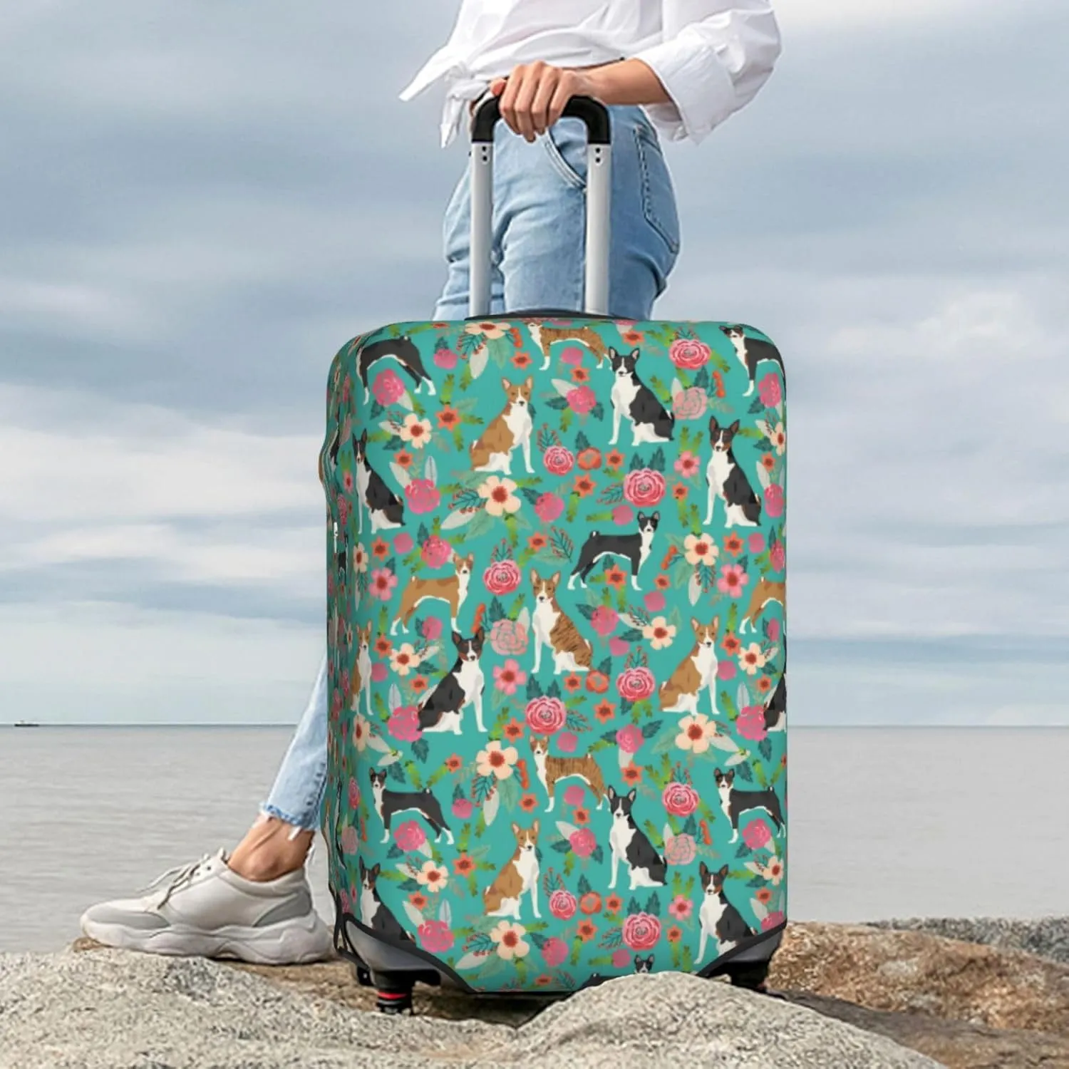 Cute Basenji Dog Lovers Flowers Florals Print Travel Suitcase Protector Cover Elastic Washable Stretch Suitcase Protective Anti-Scratch Funny Luggage Covers For Men Women Outdoor Travel Accessories