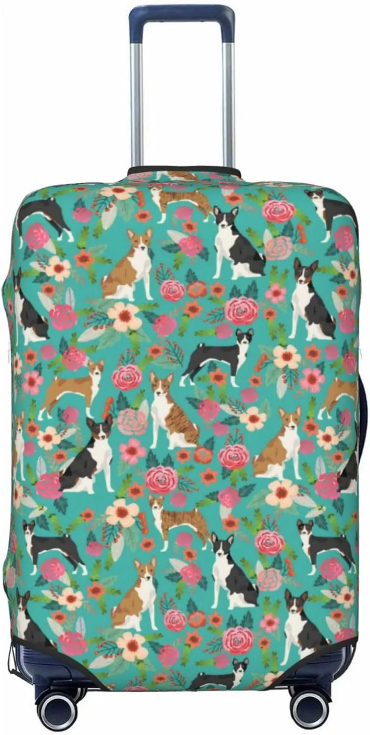 Cute Basenji Dog Lovers Flowers Florals Print Travel Suitcase Protector Cover Elastic Washable Stretch Suitcase Protective Anti-Scratch Funny Luggage Covers For Men Women Outdoor Travel Accessories
