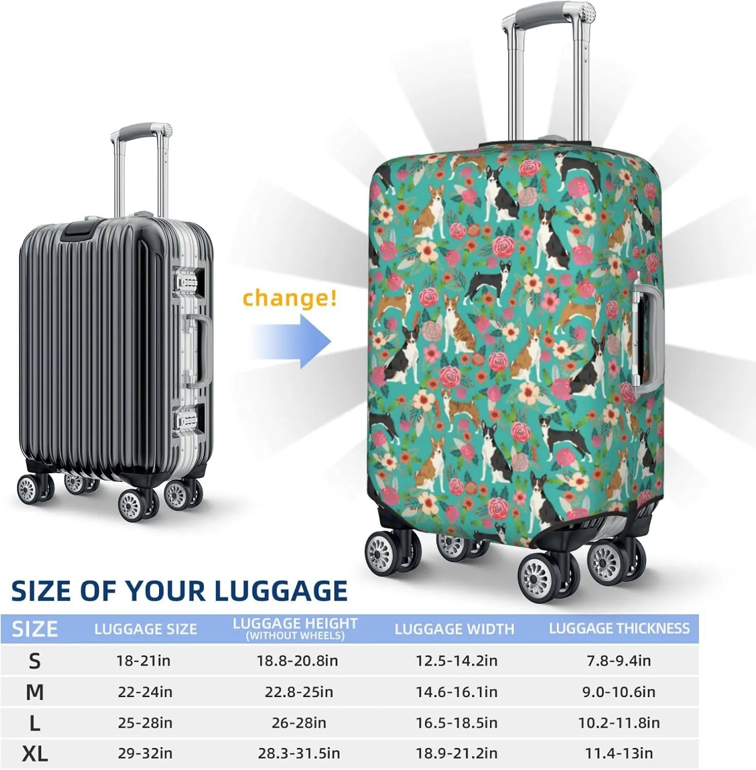 Cute Basenji Dog Lovers Flowers Florals Print Travel Suitcase Protector Cover Elastic Washable Stretch Suitcase Protective Anti-Scratch Funny Luggage Covers For Men Women Outdoor Travel Accessories