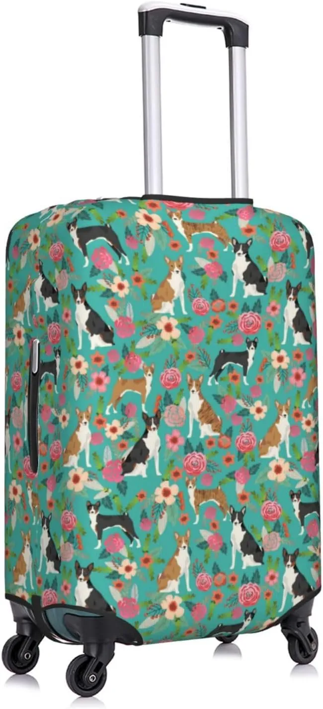 Cute Basenji Dog Lovers Flowers Florals Print Travel Suitcase Protector Cover Elastic Washable Stretch Suitcase Protective Anti-Scratch Funny Luggage Covers For Men Women Outdoor Travel Accessories