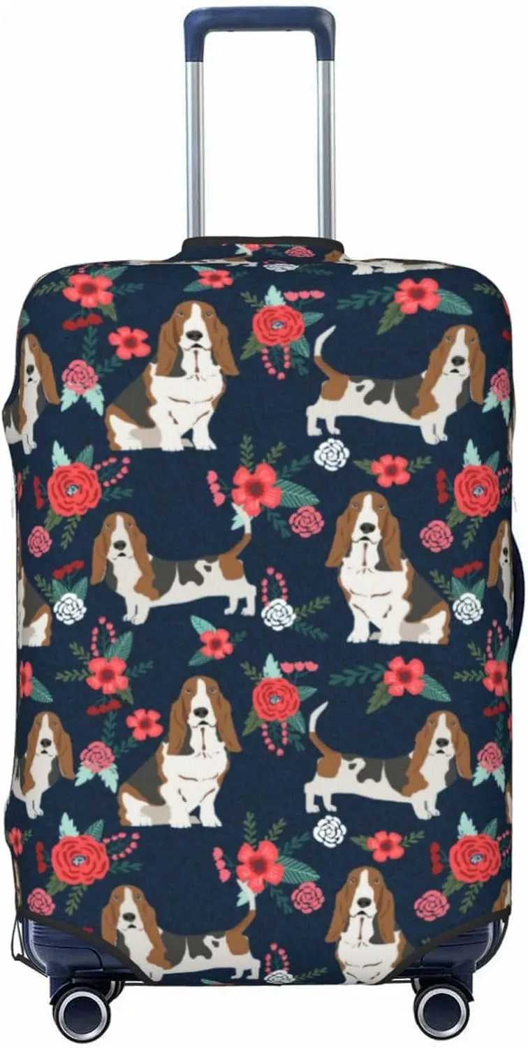 Cute Basset Hound Dog Lovers Flower Floral Print Travel Suitcase Protector Cover Elastic Washable Stretch Suitcase Protective Anti-Scratch Funny Luggage Covers For Men Women Outdoor Travel Accessories