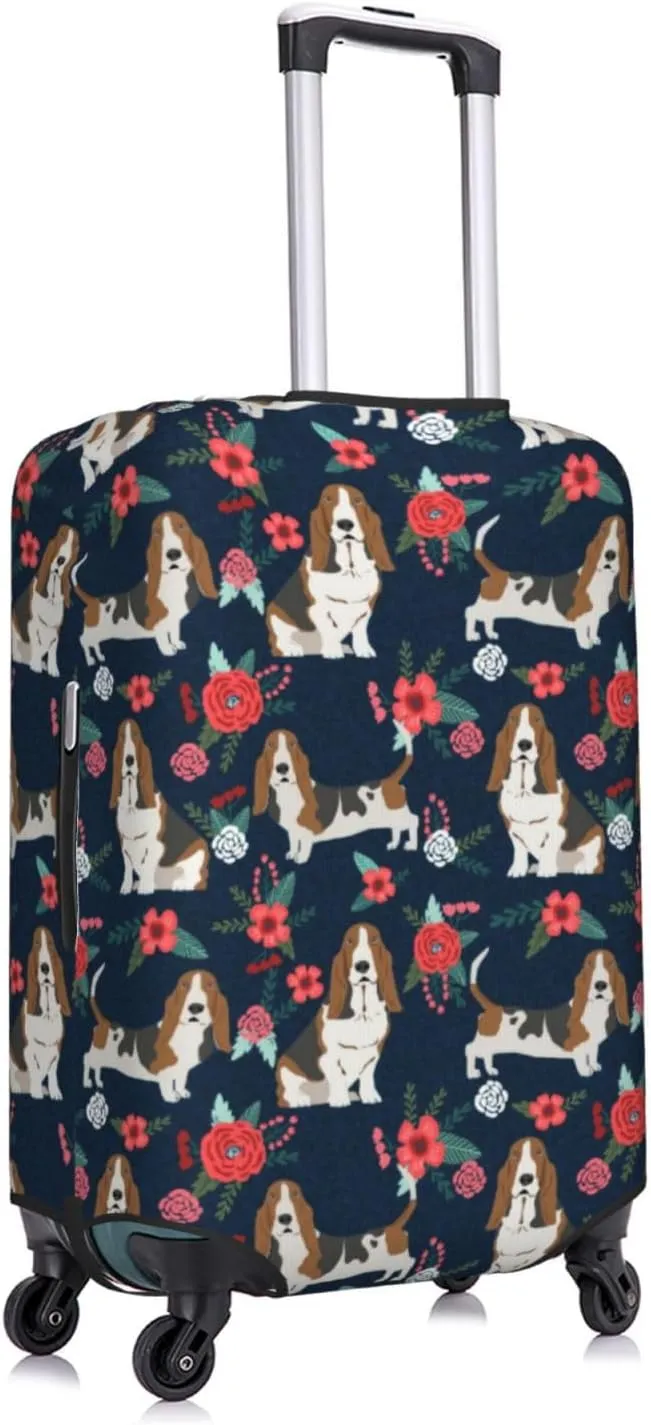 Cute Basset Hound Dog Lovers Flower Floral Print Travel Suitcase Protector Cover Elastic Washable Stretch Suitcase Protective Anti-Scratch Funny Luggage Covers For Men Women Outdoor Travel Accessories