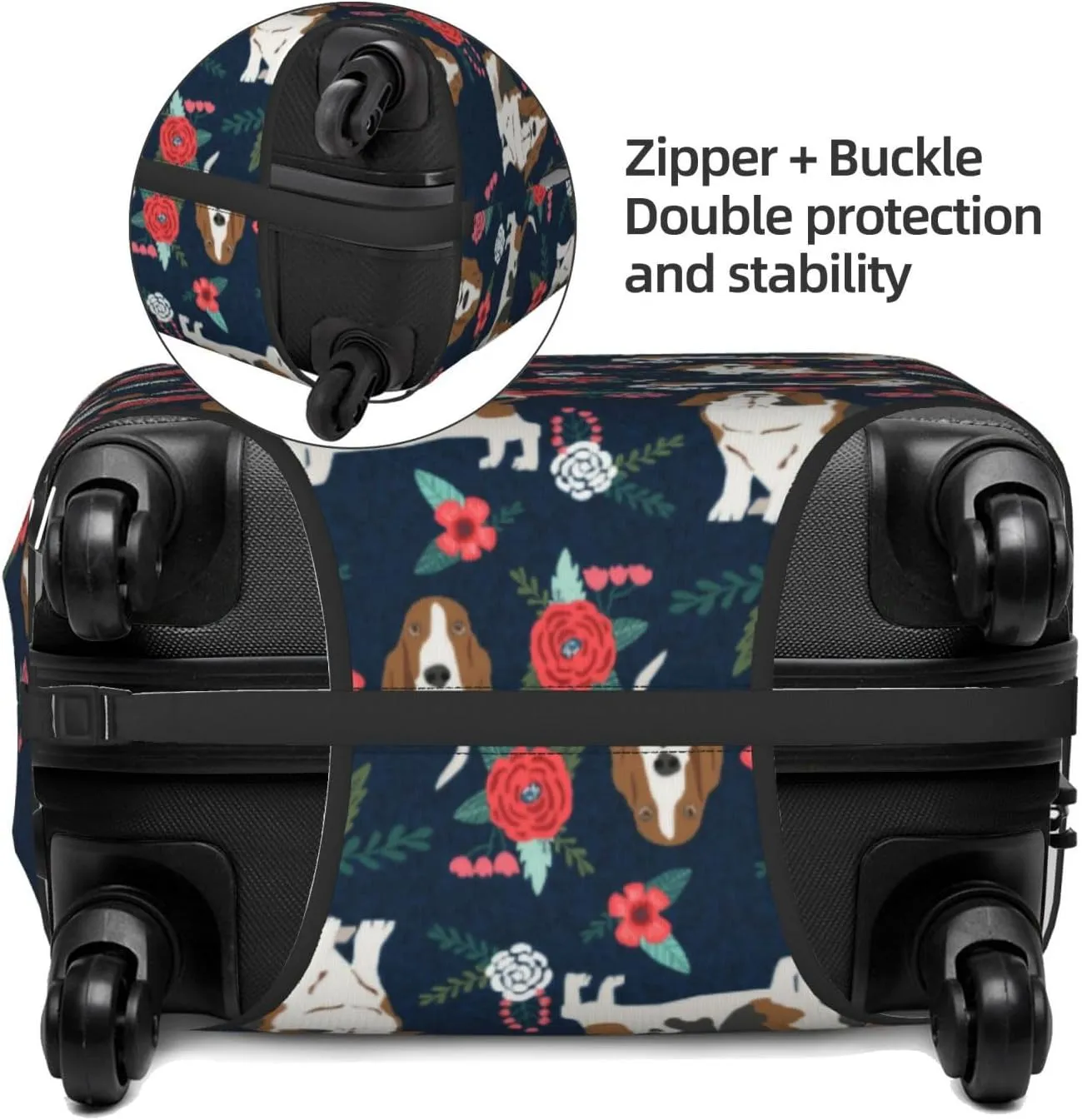 Cute Basset Hound Dog Lovers Flower Floral Print Travel Suitcase Protector Cover Elastic Washable Stretch Suitcase Protective Anti-Scratch Funny Luggage Covers For Men Women Outdoor Travel Accessories