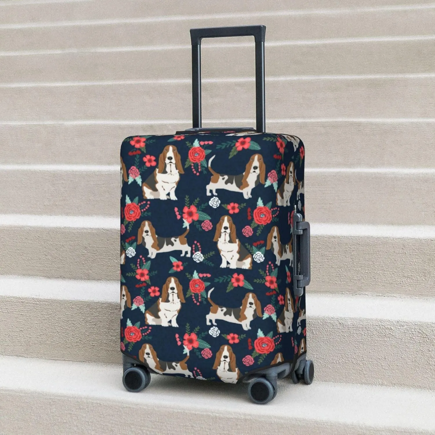 Cute Basset Hound Dog Lovers Flower Floral Print Travel Suitcase Protector Cover Elastic Washable Stretch Suitcase Protective Anti-Scratch Funny Luggage Covers For Men Women Outdoor Travel Accessories