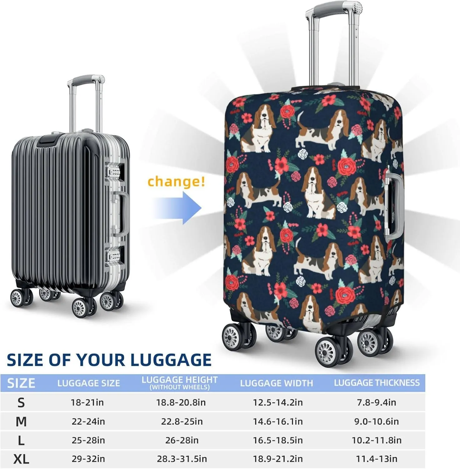 Cute Basset Hound Dog Lovers Flower Floral Print Travel Suitcase Protector Cover Elastic Washable Stretch Suitcase Protective Anti-Scratch Funny Luggage Covers For Men Women Outdoor Travel Accessories