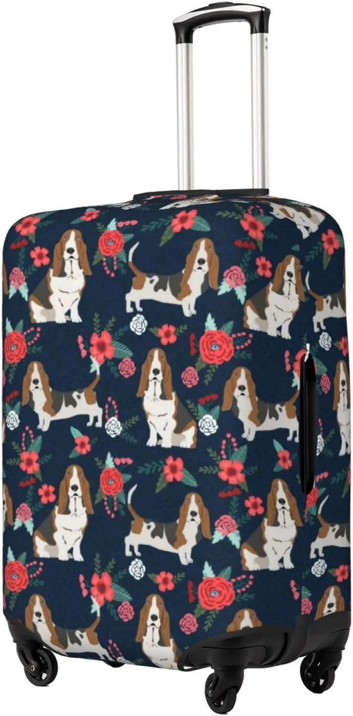 Cute Basset Hound Dog Lovers Flower Floral Print Travel Suitcase Protector Cover Elastic Washable Stretch Suitcase Protective Anti-Scratch Funny Luggage Covers For Men Women Outdoor Travel Accessories