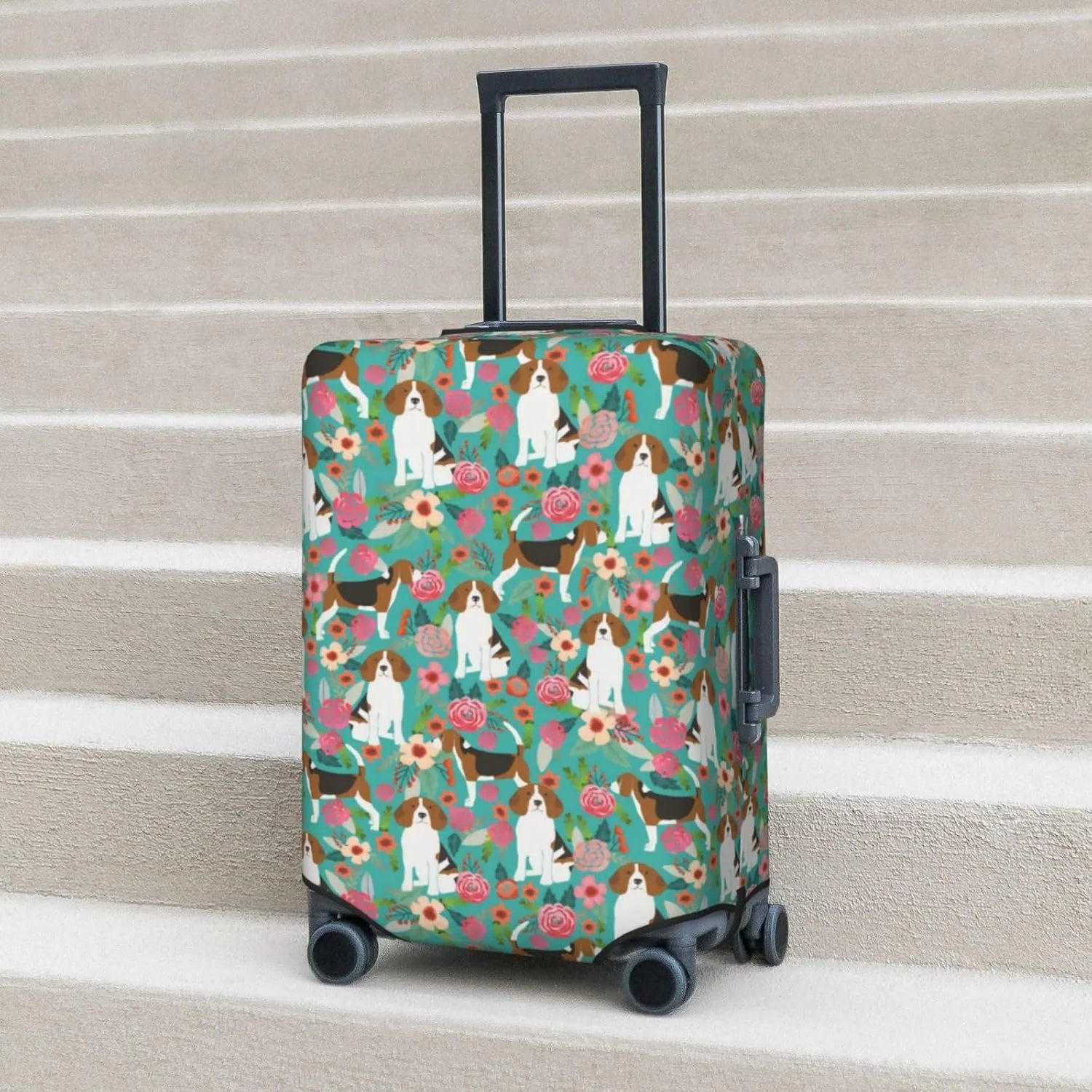 Cute Beagle Dog Lovers Flowers Florals Print Travel Suitcase Protector Cover Elastic Washable Stretch Suitcase Protective Anti-Scratch Funny Luggage Covers For Men Women Outdoor Travel Accessories