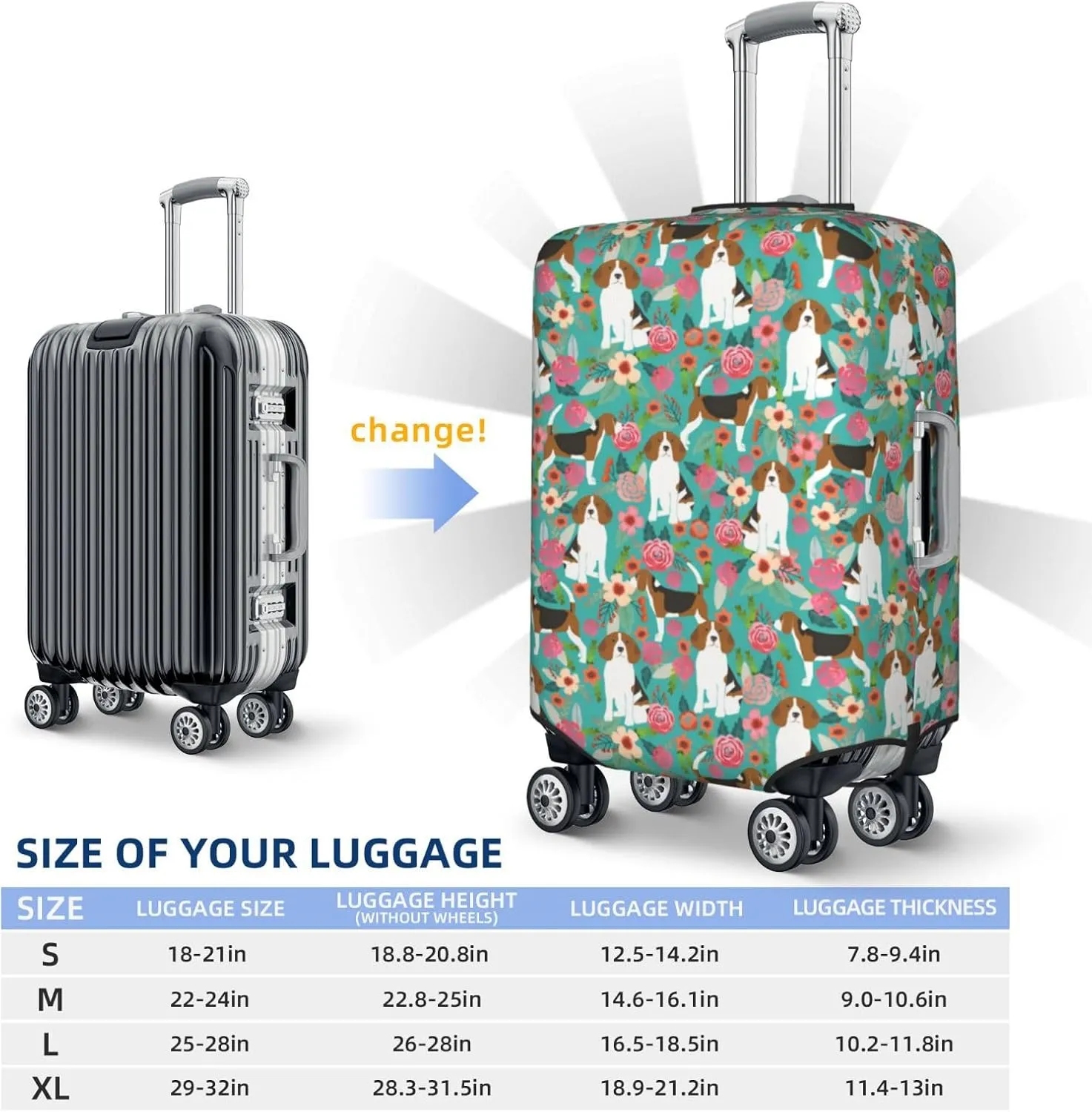 Cute Beagle Dog Lovers Flowers Florals Print Travel Suitcase Protector Cover Elastic Washable Stretch Suitcase Protective Anti-Scratch Funny Luggage Covers For Men Women Outdoor Travel Accessories