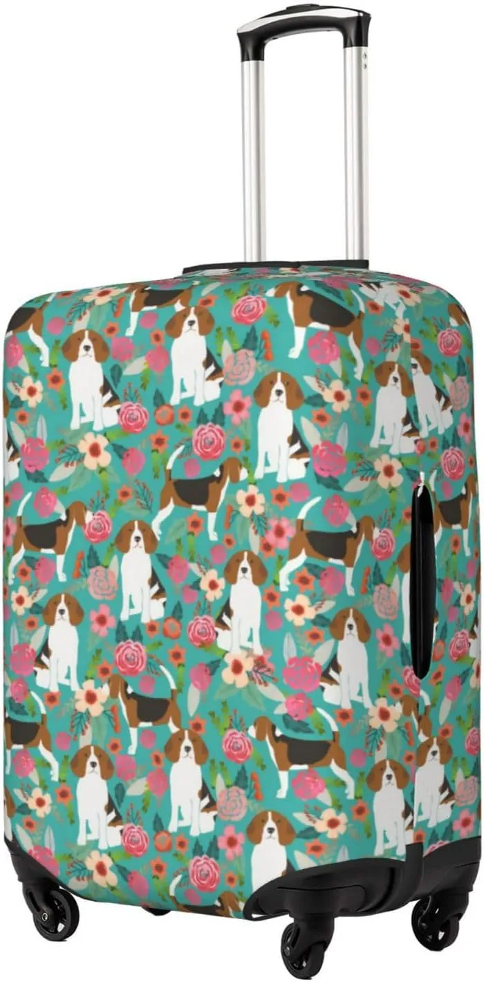 Cute Beagle Dog Lovers Flowers Florals Print Travel Suitcase Protector Cover Elastic Washable Stretch Suitcase Protective Anti-Scratch Funny Luggage Covers For Men Women Outdoor Travel Accessories