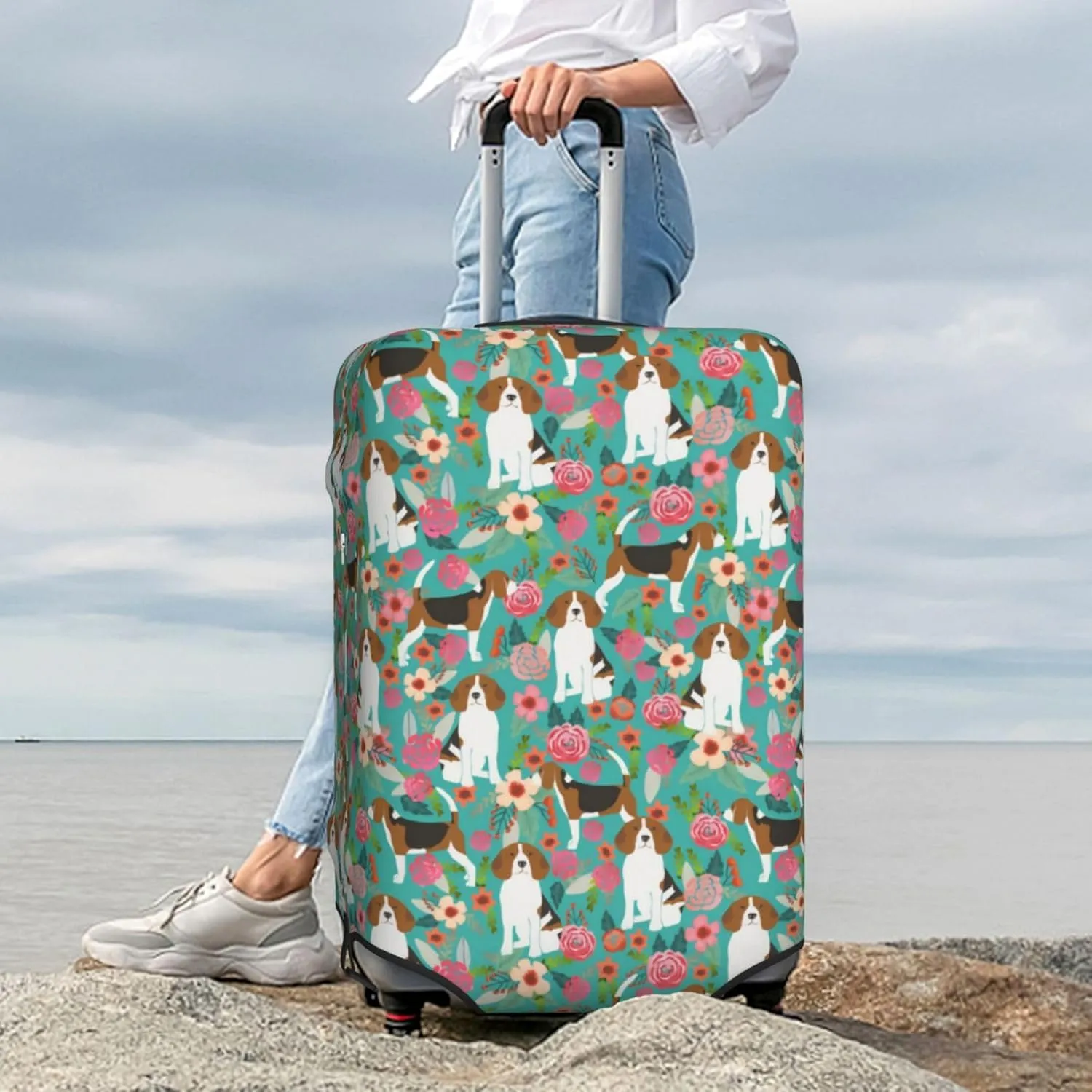 Cute Beagle Dog Lovers Flowers Florals Print Travel Suitcase Protector Cover Elastic Washable Stretch Suitcase Protective Anti-Scratch Funny Luggage Covers For Men Women Outdoor Travel Accessories