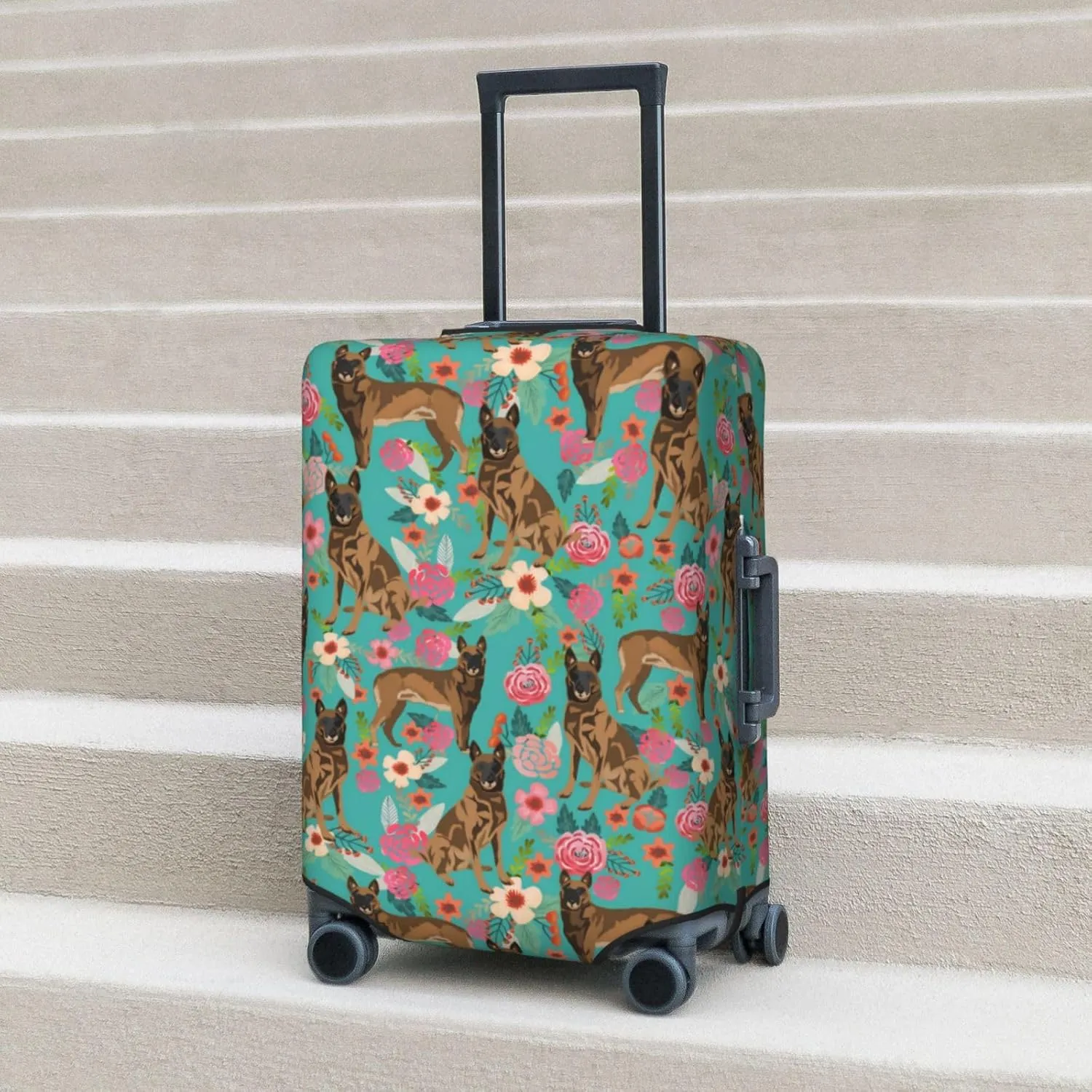 Cute Belgian Shepherd Dog Flowers Florals Print Travel Suitcase Protector Cover Elastic Washable Stretch Suitcase Protective Anti-Scratch Funny Luggage Covers For Men Women Outdoor Travel Accessories