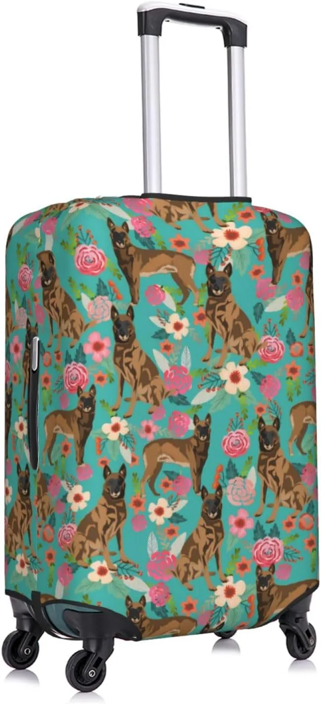 Cute Belgian Shepherd Dog Flowers Florals Print Travel Suitcase Protector Cover Elastic Washable Stretch Suitcase Protective Anti-Scratch Funny Luggage Covers For Men Women Outdoor Travel Accessories