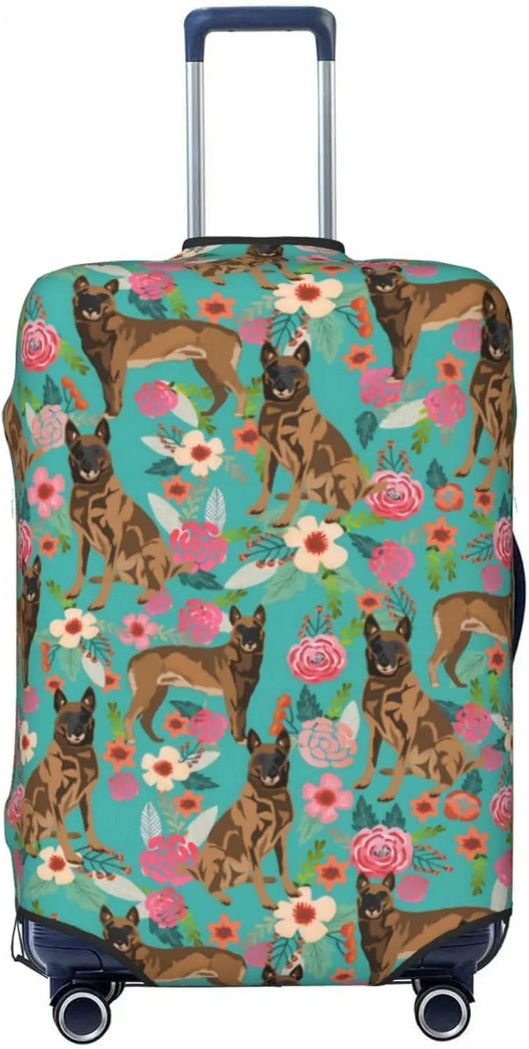 Cute Belgian Shepherd Dog Flowers Florals Print Travel Suitcase Protector Cover Elastic Washable Stretch Suitcase Protective Anti-Scratch Funny Luggage Covers For Men Women Outdoor Travel Accessories