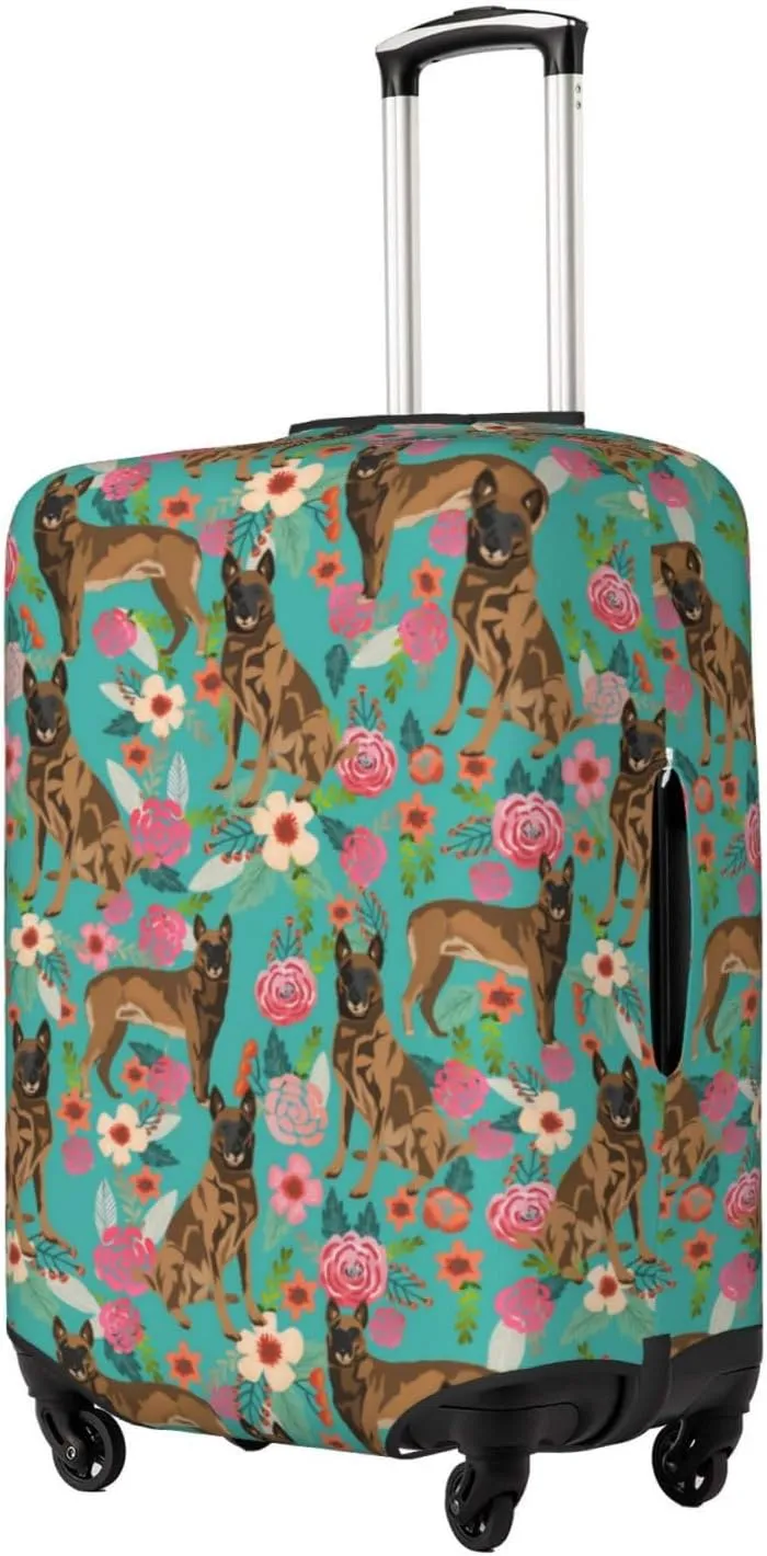Cute Belgian Shepherd Dog Flowers Florals Print Travel Suitcase Protector Cover Elastic Washable Stretch Suitcase Protective Anti-Scratch Funny Luggage Covers For Men Women Outdoor Travel Accessories