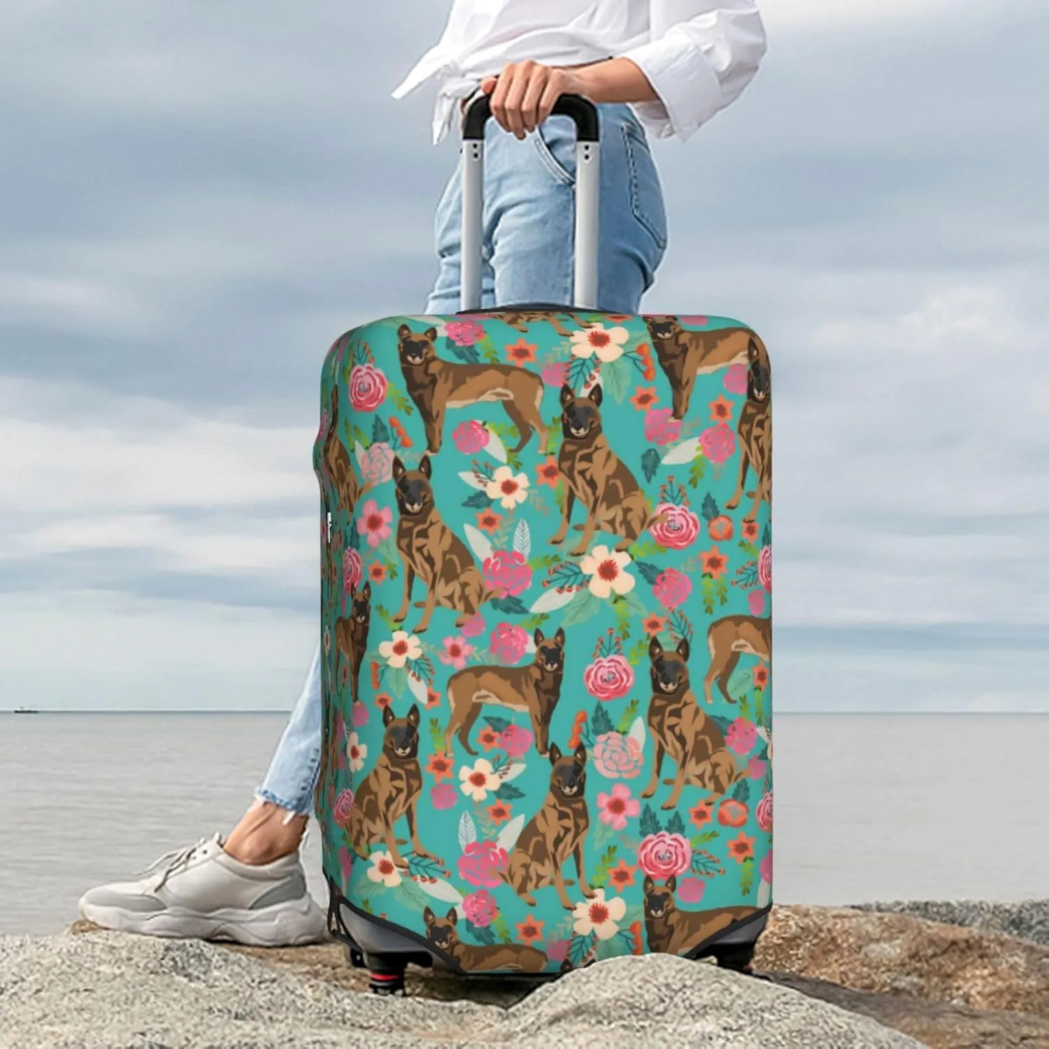 Cute Belgian Shepherd Dog Flowers Florals Print Travel Suitcase Protector Cover Elastic Washable Stretch Suitcase Protective Anti-Scratch Funny Luggage Covers For Men Women Outdoor Travel Accessories