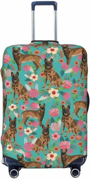 Cute Belgian Shepherd Dog Flowers Florals Print Travel Suitcase Protector Cover Elastic Washable Stretch Suitcase Protective Anti-Scratch Funny Luggage Covers For Men Women Outdoor Travel Accessories