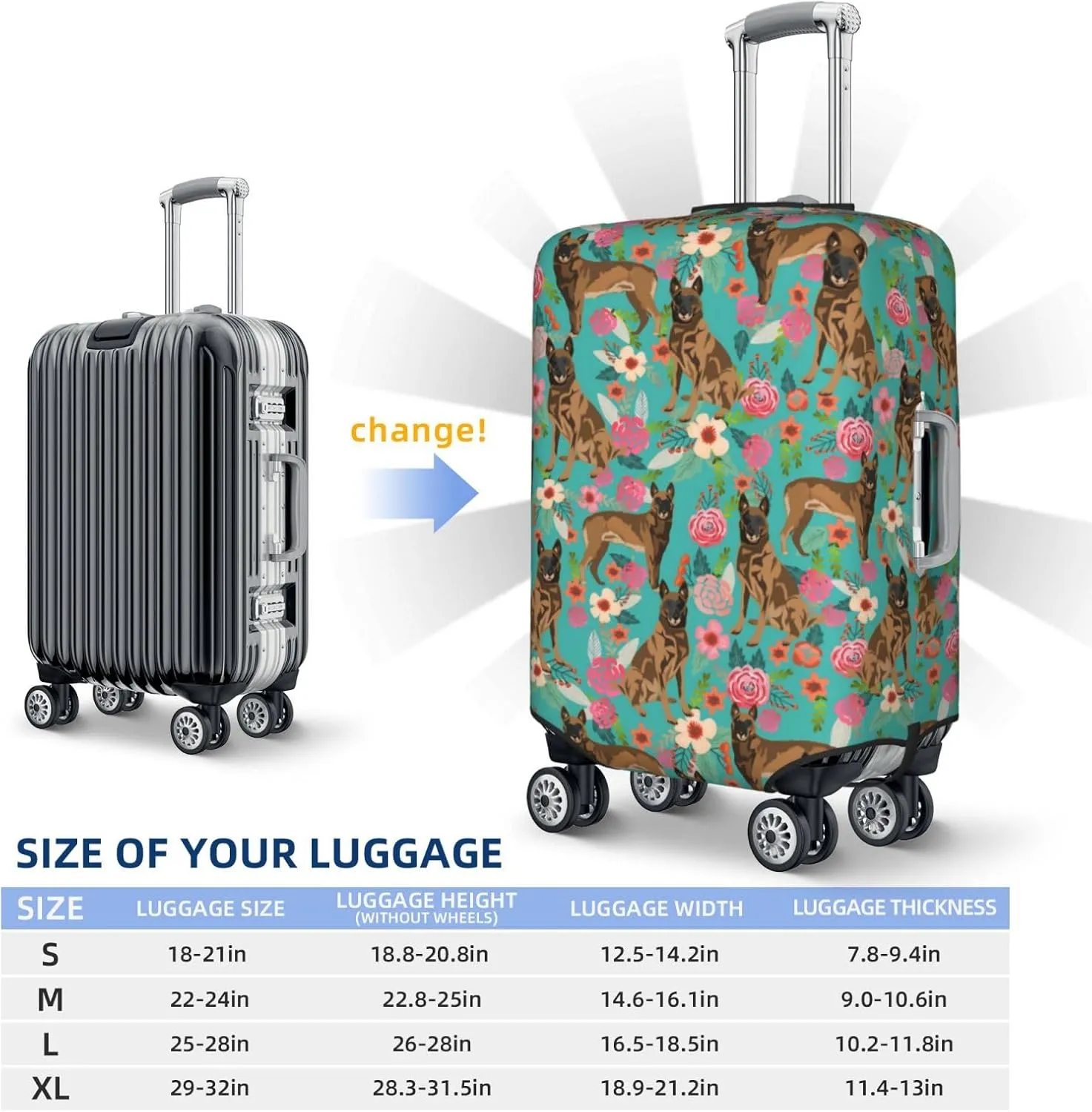 Cute Belgian Shepherd Dog Flowers Florals Print Travel Suitcase Protector Cover Elastic Washable Stretch Suitcase Protective Anti-Scratch Funny Luggage Covers For Men Women Outdoor Travel Accessories