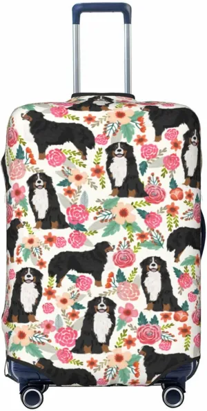 Cute Bernese Mountain Dog Puppy Flowers Florals Print Travel Suitcase Protector Cover Elastic Washable Stretch Suitcase Protective Anti-Scratch Luggage Covers For Men Women Outdoor Travel Accessories