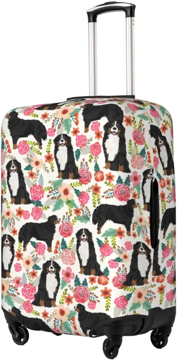 Cute Bernese Mountain Dog Puppy Flowers Florals Print Travel Suitcase Protector Cover Elastic Washable Stretch Suitcase Protective Anti-Scratch Luggage Covers For Men Women Outdoor Travel Accessories
