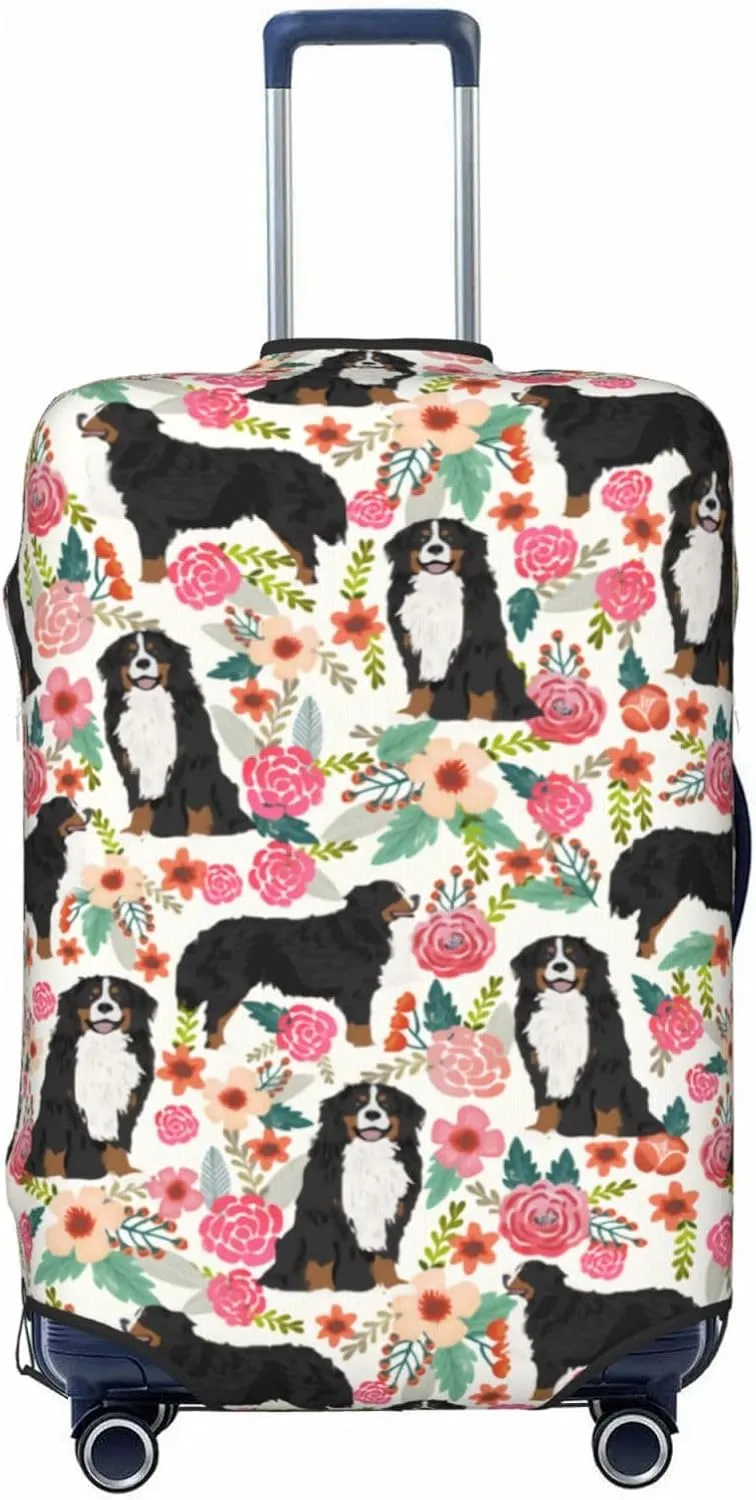 Cute Bernese Mountain Dog Puppy Flowers Florals Print Travel Suitcase Protector Cover Elastic Washable Stretch Suitcase Protective Anti-Scratch Luggage Covers For Men Women Outdoor Travel Accessories
