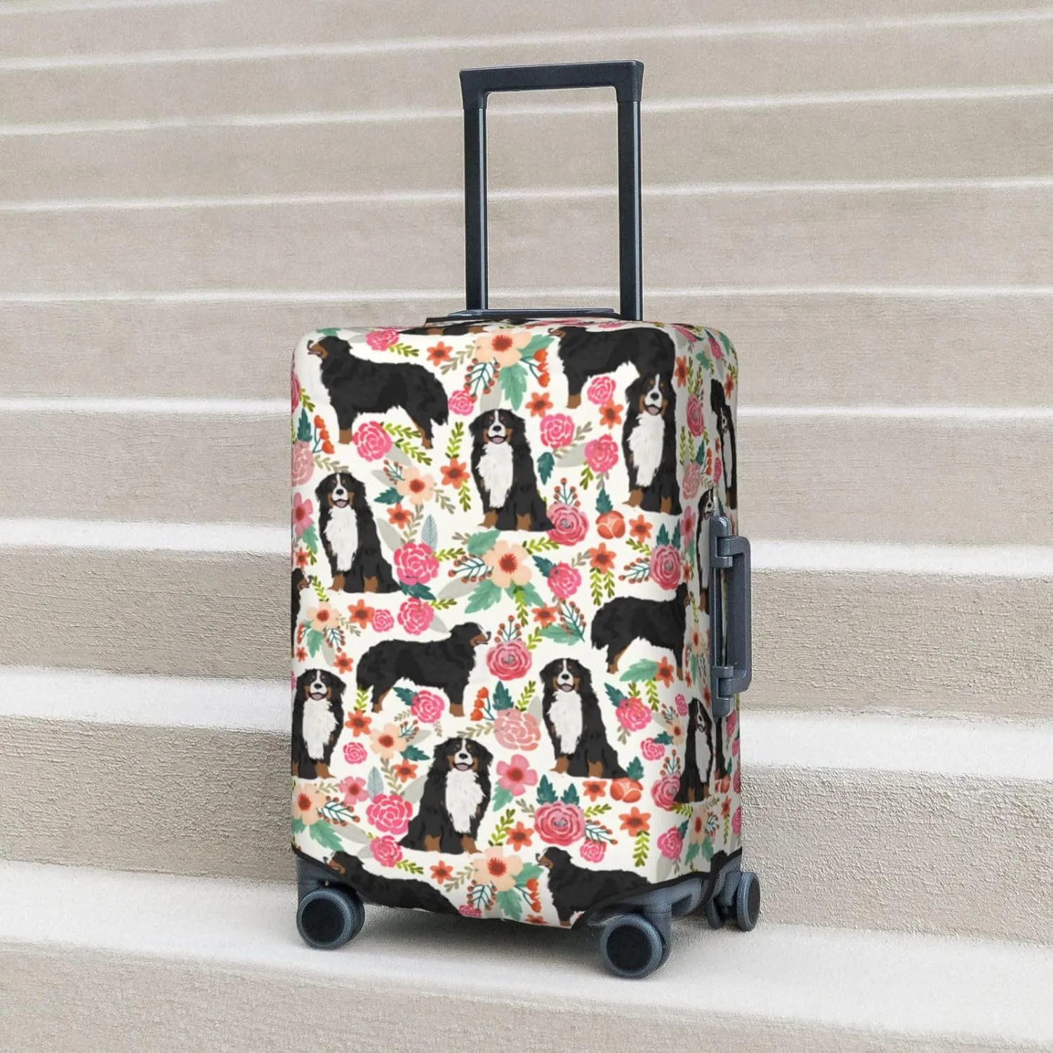 Cute Bernese Mountain Dog Puppy Flowers Florals Print Travel Suitcase Protector Cover Elastic Washable Stretch Suitcase Protective Anti-Scratch Luggage Covers For Men Women Outdoor Travel Accessories