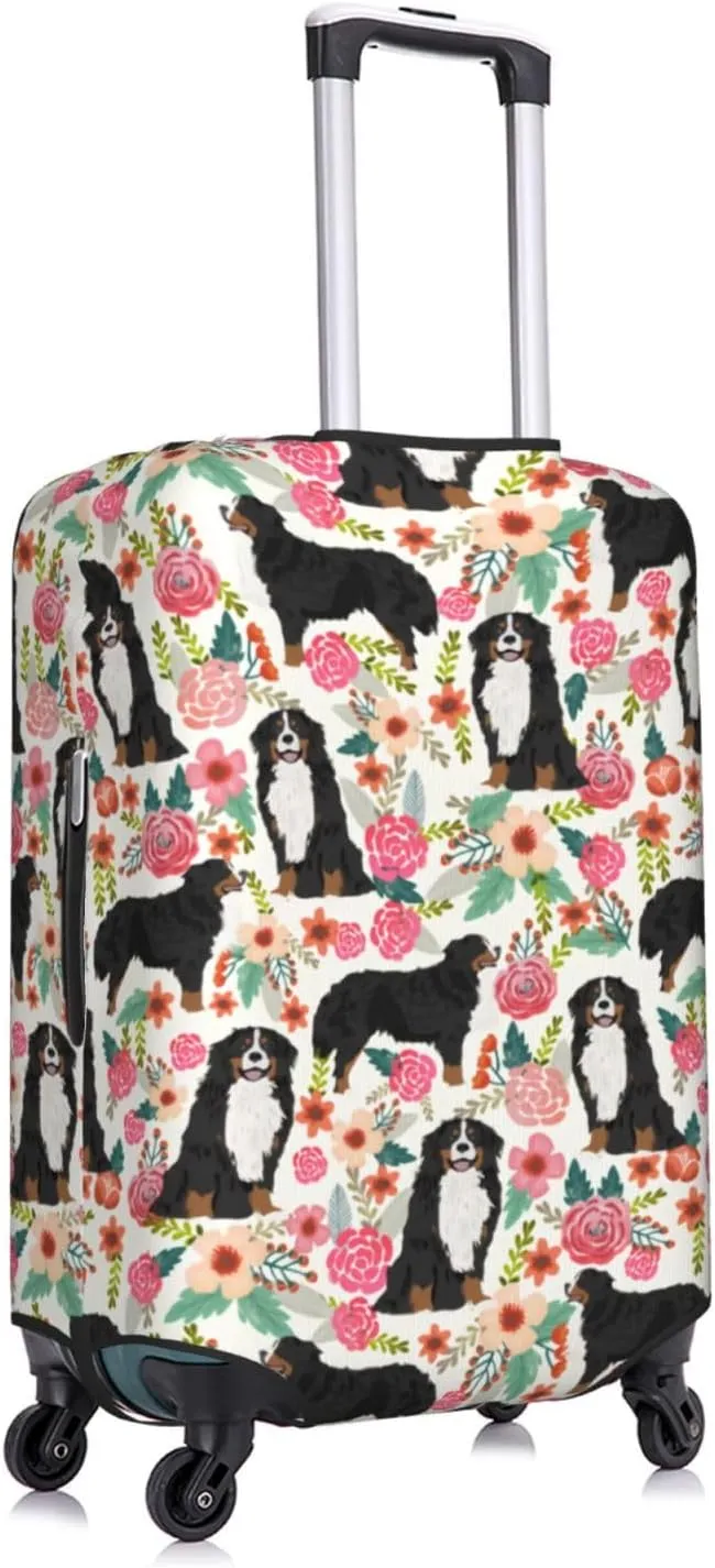 Cute Bernese Mountain Dog Puppy Flowers Florals Print Travel Suitcase Protector Cover Elastic Washable Stretch Suitcase Protective Anti-Scratch Luggage Covers For Men Women Outdoor Travel Accessories