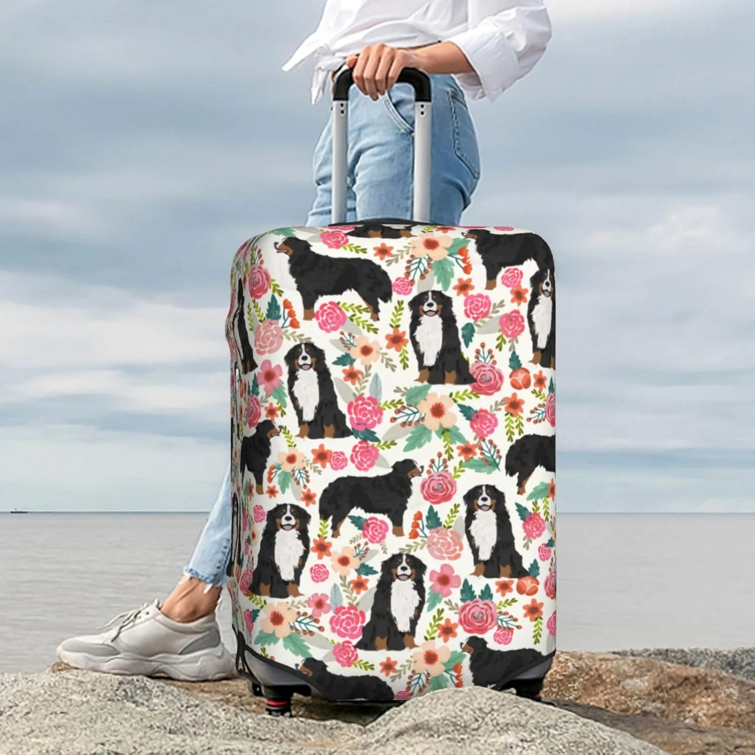 Cute Bernese Mountain Dog Puppy Flowers Florals Print Travel Suitcase Protector Cover Elastic Washable Stretch Suitcase Protective Anti-Scratch Luggage Covers For Men Women Outdoor Travel Accessories