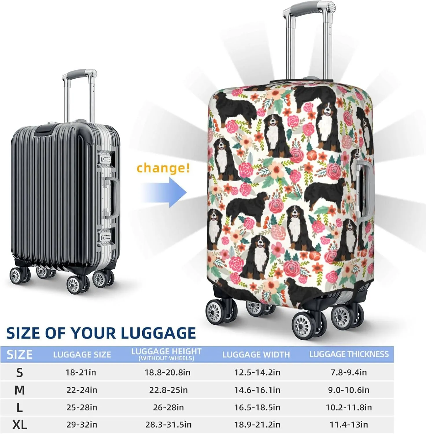 Cute Bernese Mountain Dog Puppy Flowers Florals Print Travel Suitcase Protector Cover Elastic Washable Stretch Suitcase Protective Anti-Scratch Luggage Covers For Men Women Outdoor Travel Accessories