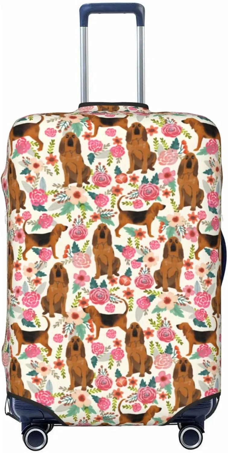 Cute Bloodhound Dog Puppy Lovers Flowers Florals Print Travel Suitcase Protector Cover Elastic Washable Stretch Suitcase Protective Anti-Scratch Luggage Covers For Men Women Outdoor Travel Accessories