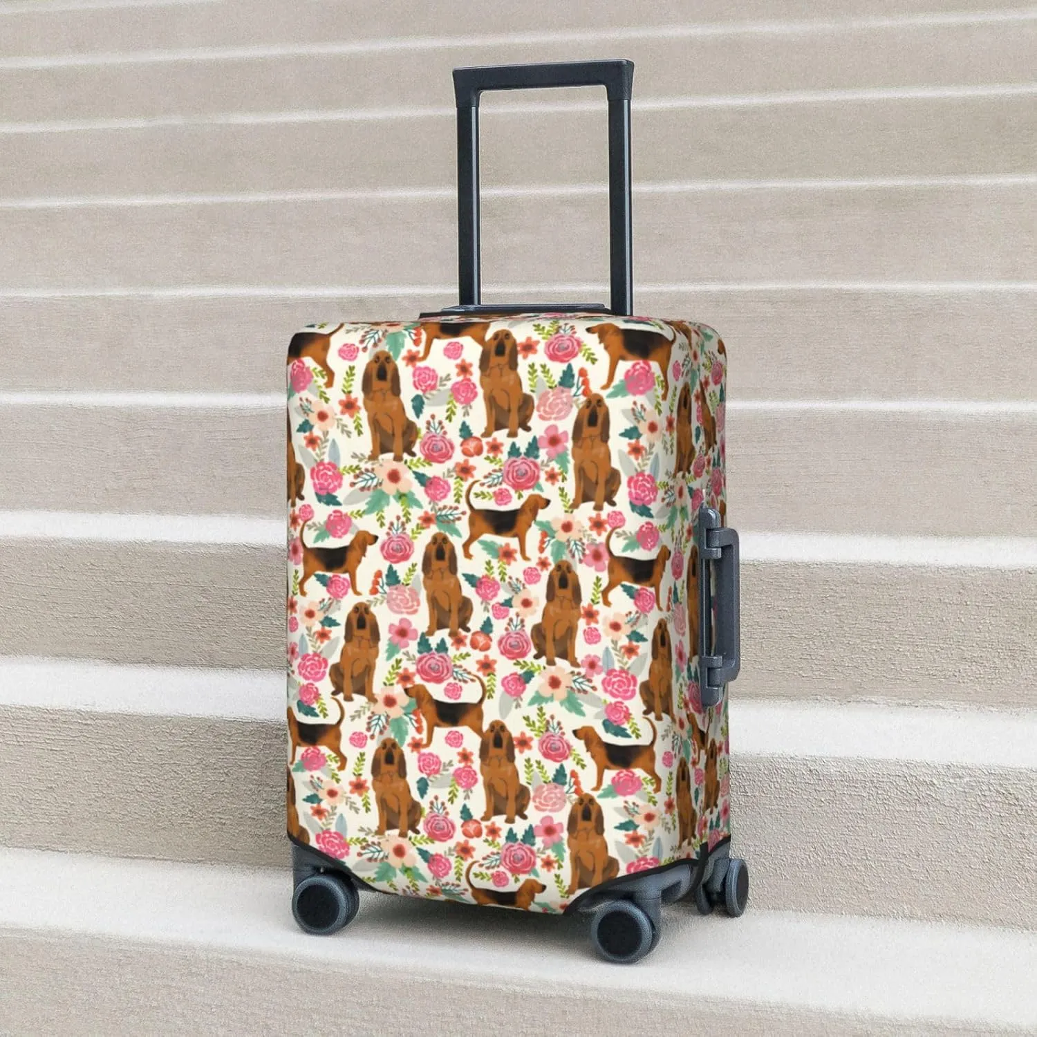 Cute Bloodhound Dog Puppy Lovers Flowers Florals Print Travel Suitcase Protector Cover Elastic Washable Stretch Suitcase Protective Anti-Scratch Luggage Covers For Men Women Outdoor Travel Accessories