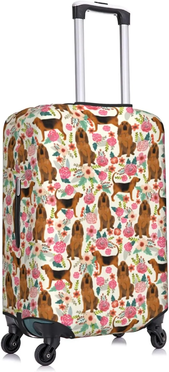 Cute Bloodhound Dog Puppy Lovers Flowers Florals Print Travel Suitcase Protector Cover Elastic Washable Stretch Suitcase Protective Anti-Scratch Luggage Covers For Men Women Outdoor Travel Accessories